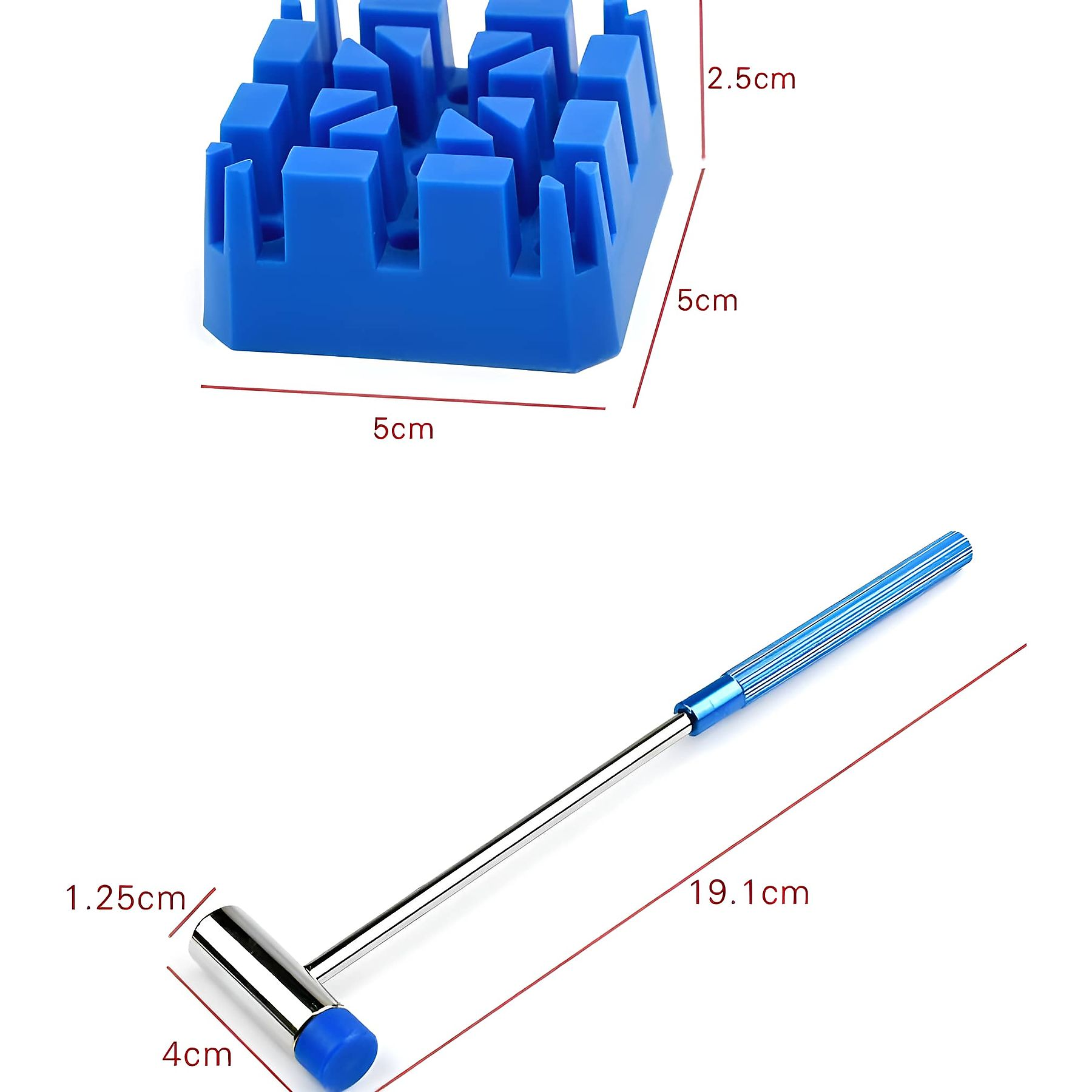 Blauer Uhrenhalter und Uhrenhammer mit beschrifteten Abmessungen. Halter ist 5x5x2,5cm, Hammer ist 19,1cm lang.