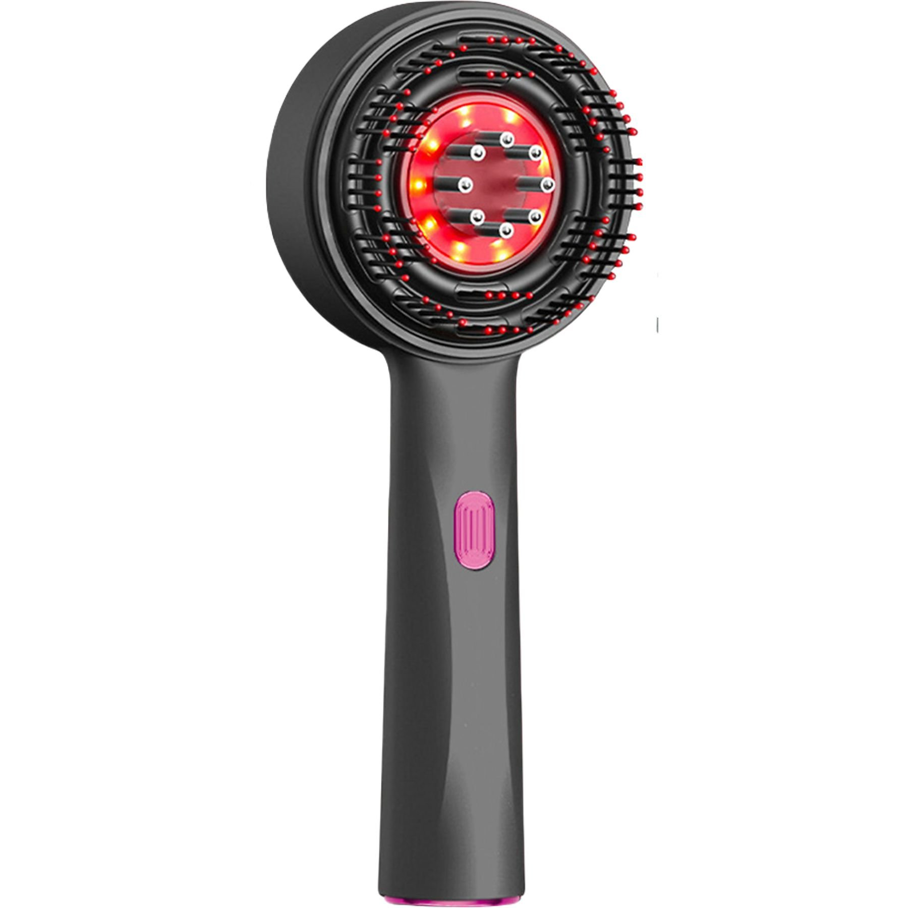 Ein schwarzes und graues Haarstyling-Werkzeug mit roten LED-Leuchten. Es hat einen Griff und einen rosa Knopf.