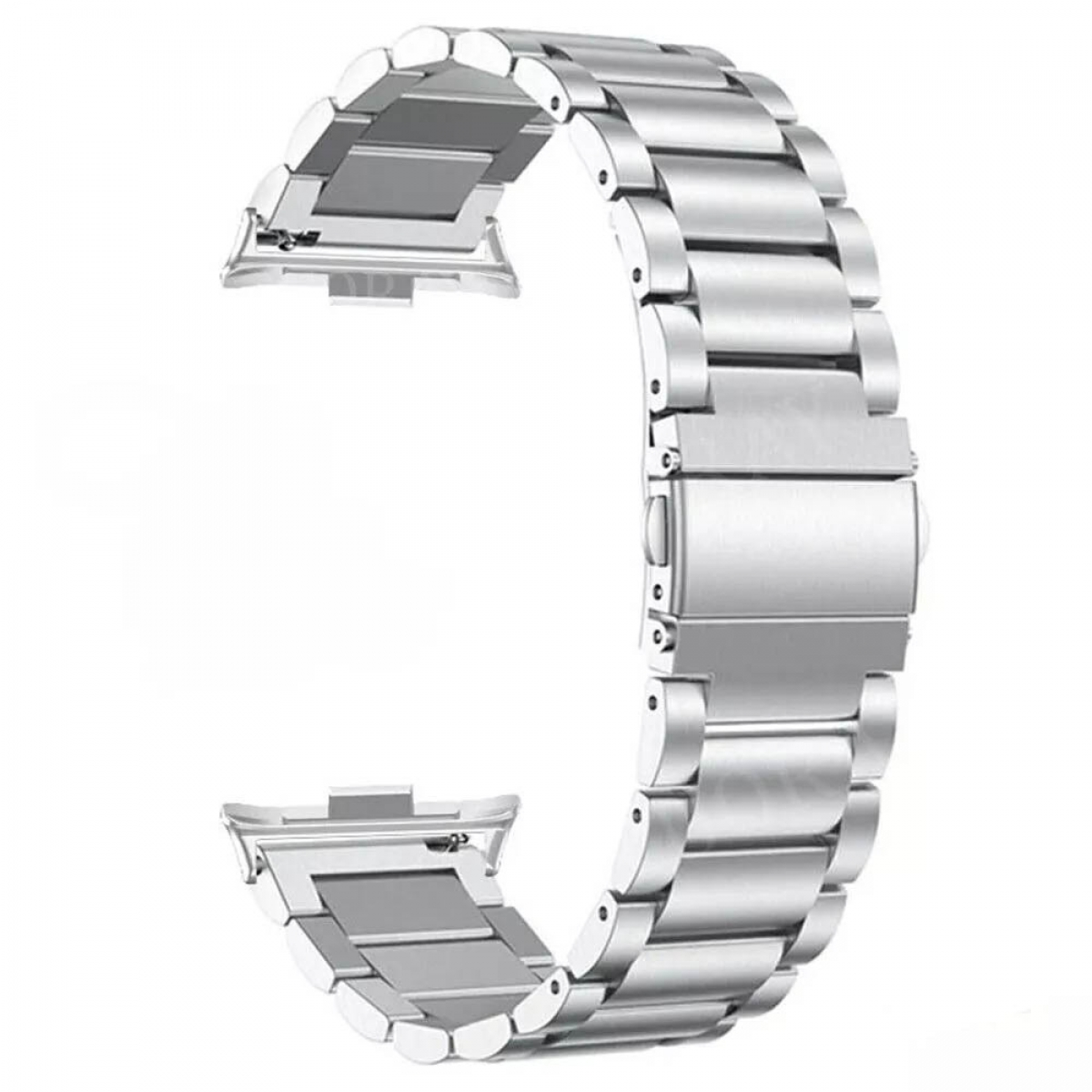 Ein silbernes Metall-Armband vor weißem Hintergrund. Es ist gebogen und zeigt die Schließe und die Bandglieder.