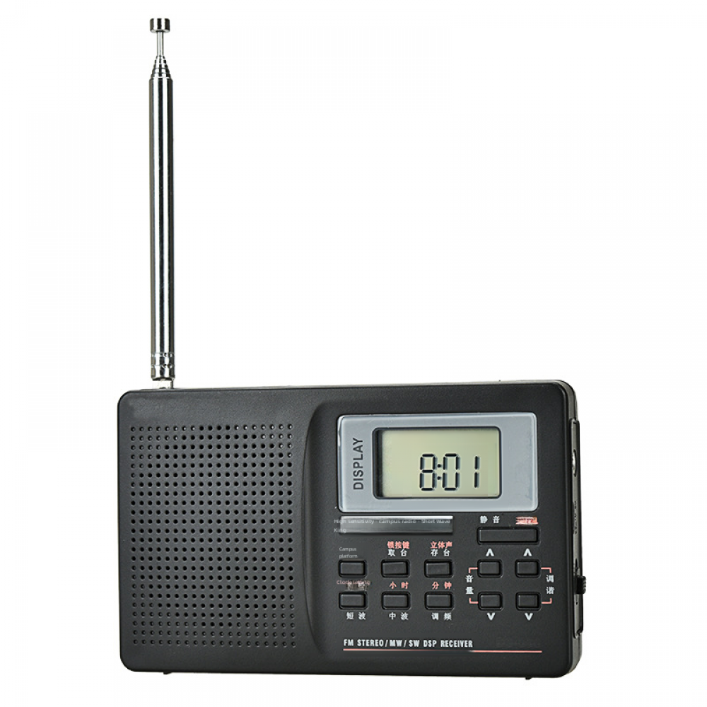 Ein schwarzes Radio mit Antenne auf weißem Hintergrund. Die Uhrzeit wird mit 8:01 angezeigt. Es hat Knöpfe und ein Display.