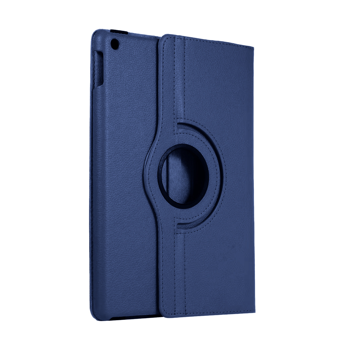 Eine blaue Tablethülle mit Drehringfunktion. Sie besteht aus strukturiertem Material und hat Ziernähte. Weißer Hintergrund.