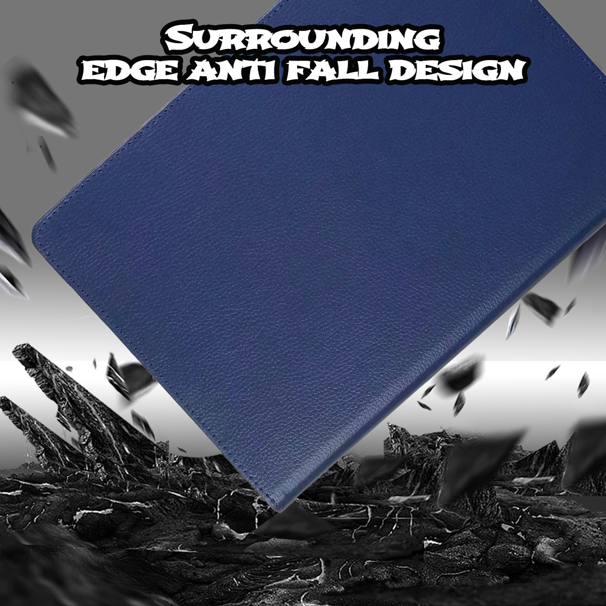 Eine blaue Lederhülle mit dem Text "Surrounding Edge Anti Fall Design". Der Hintergrund hat abstrakte schwarze Formen.