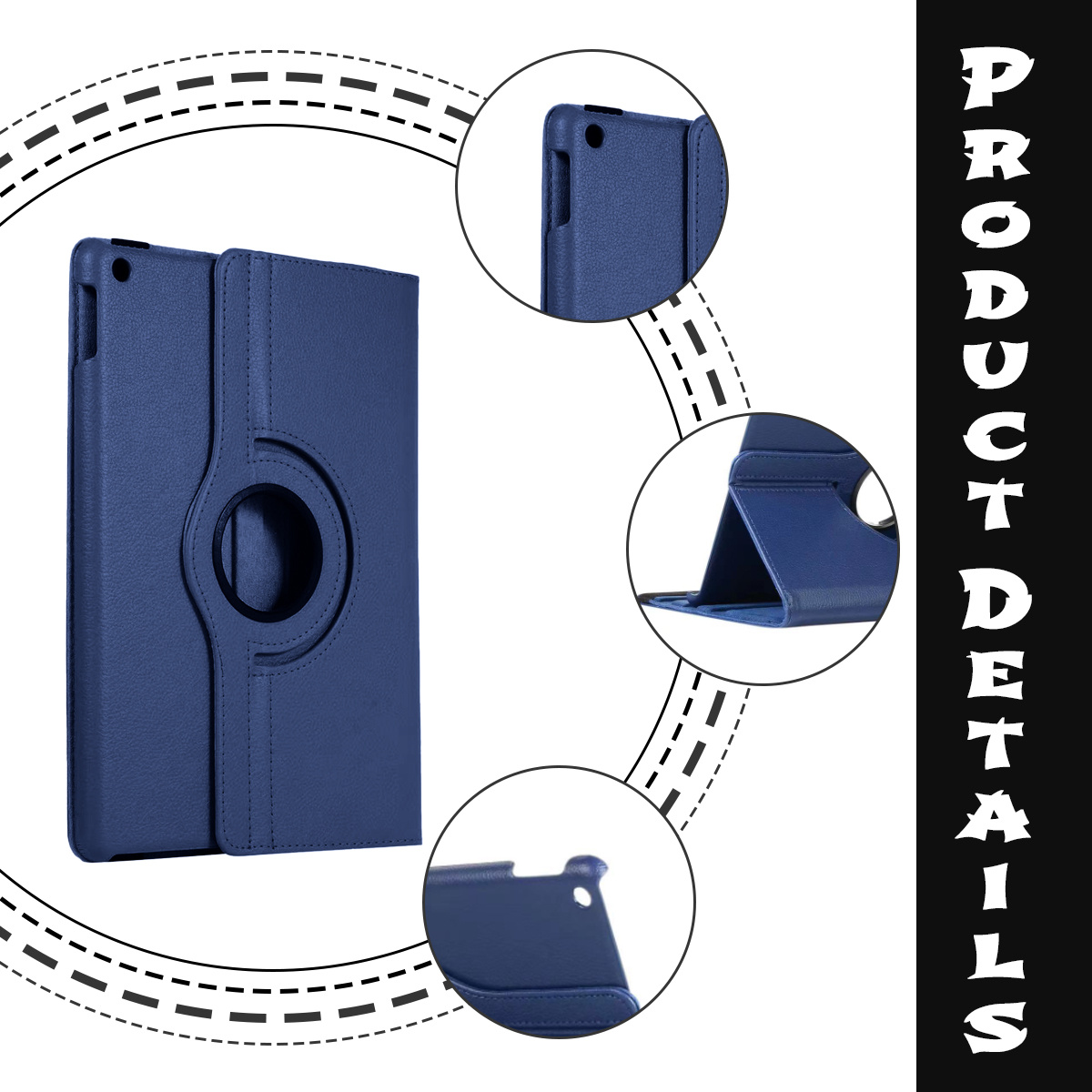 Blaue Tablethülle mit Drehring. Details zeigen die Hülle offen und geschlossen, Produktdetails rechts.