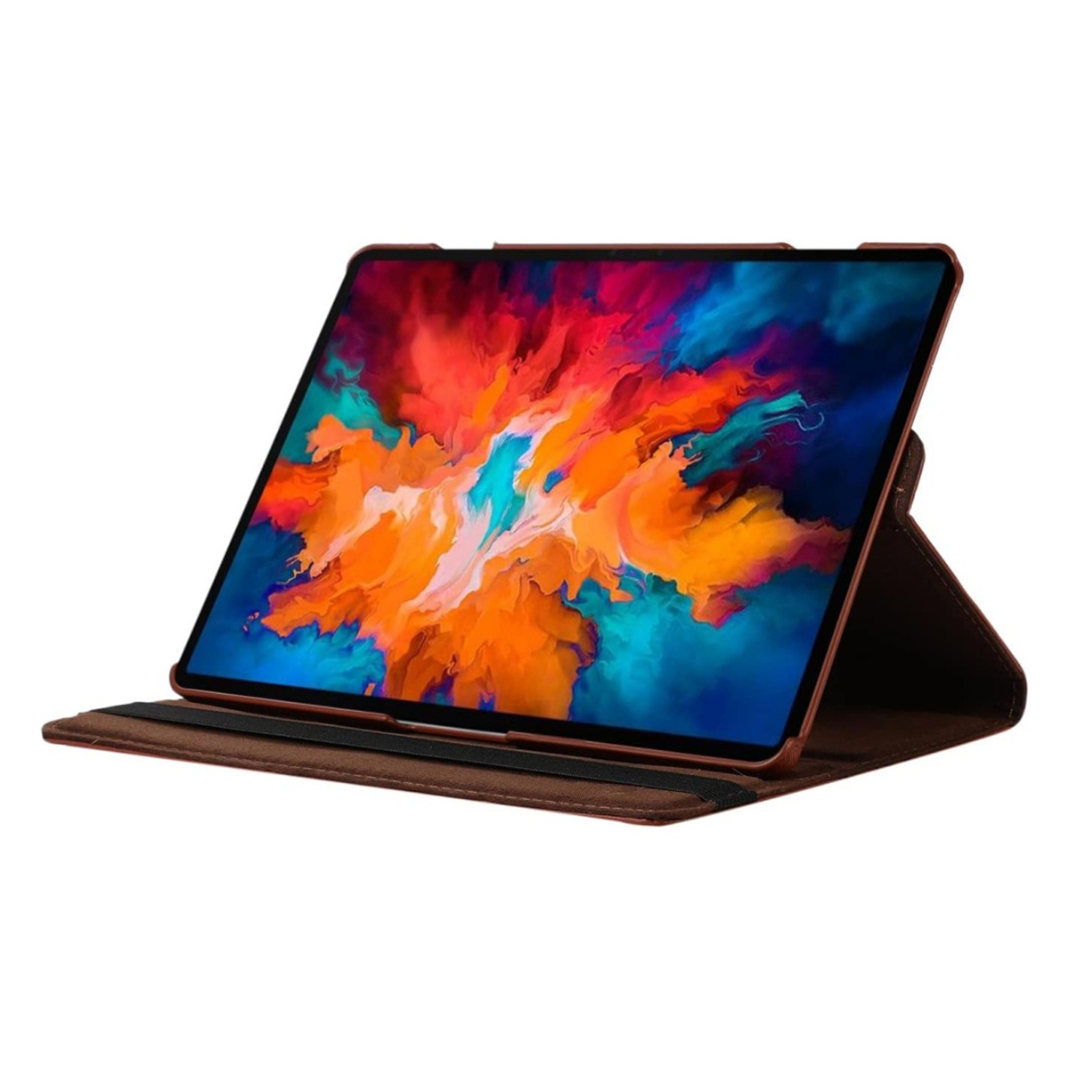 Tablet in brauner Hülle. Das Display zeigt bunte abstrakte Kunst. Die Hülle ist offen und stützt das Tablet.