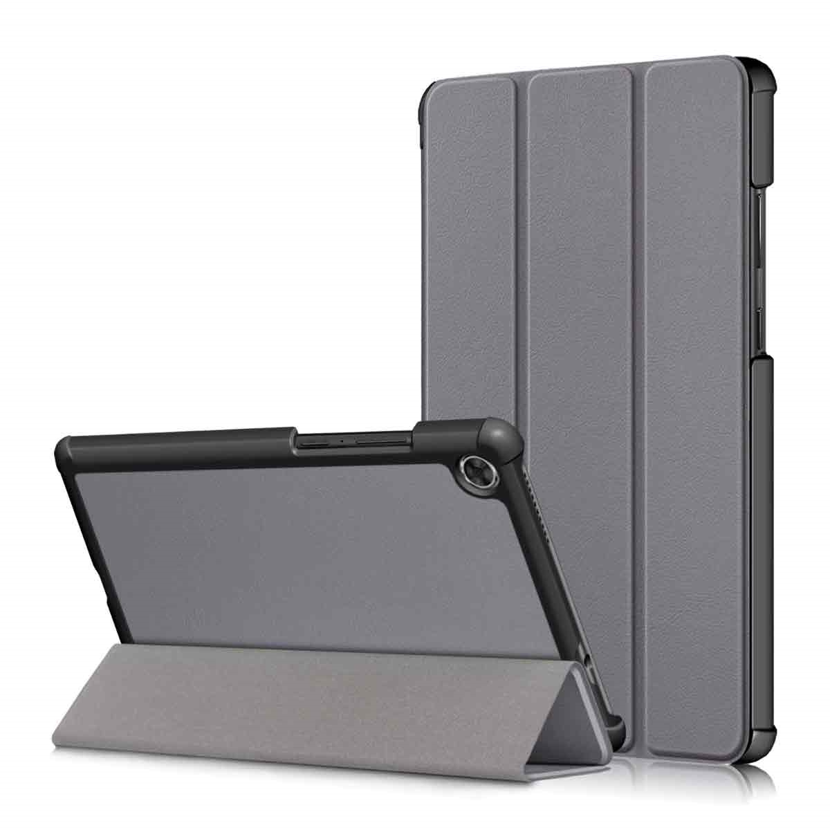 Eine graue Tablethülle mit Ständer, neben einer geschlossenen. Beide haben schwarze Ränder. Der Ständer ist ein gefalteter Teil der Hülle.