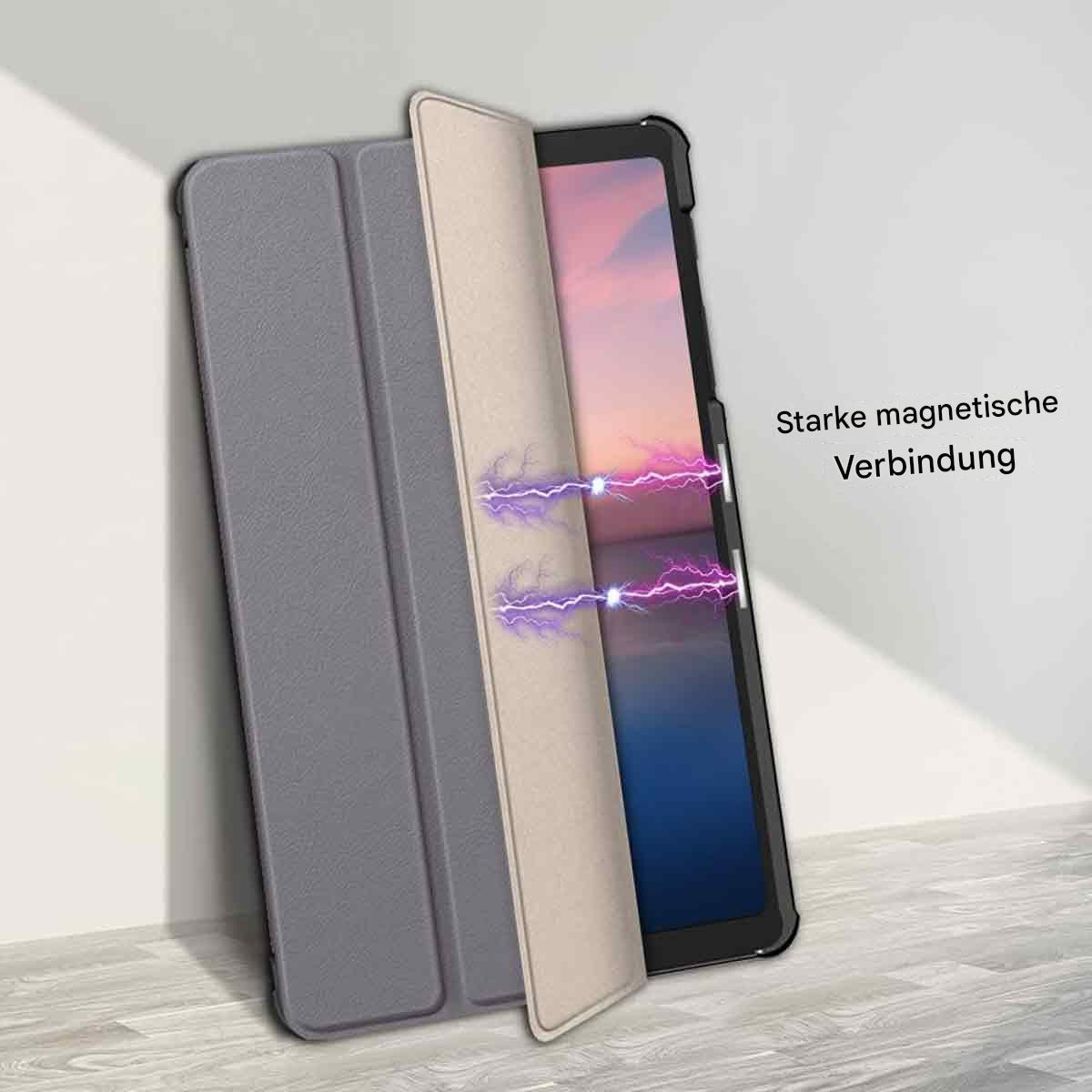 Eine graue Tablethülle ist geöffnet und gibt den Bildschirm frei. Das Innere der Hülle ist hellbeige. Lila blitzartige Visuals.