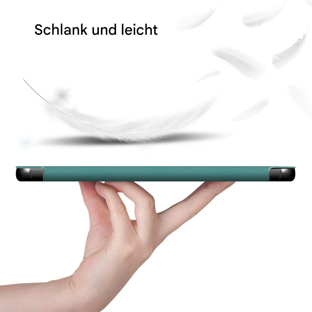Eine Hand hält ein türkisfarbenes Tablet. Weiße Federn schweben darüber, und der Text 'Schlank und leicht' steht oben.