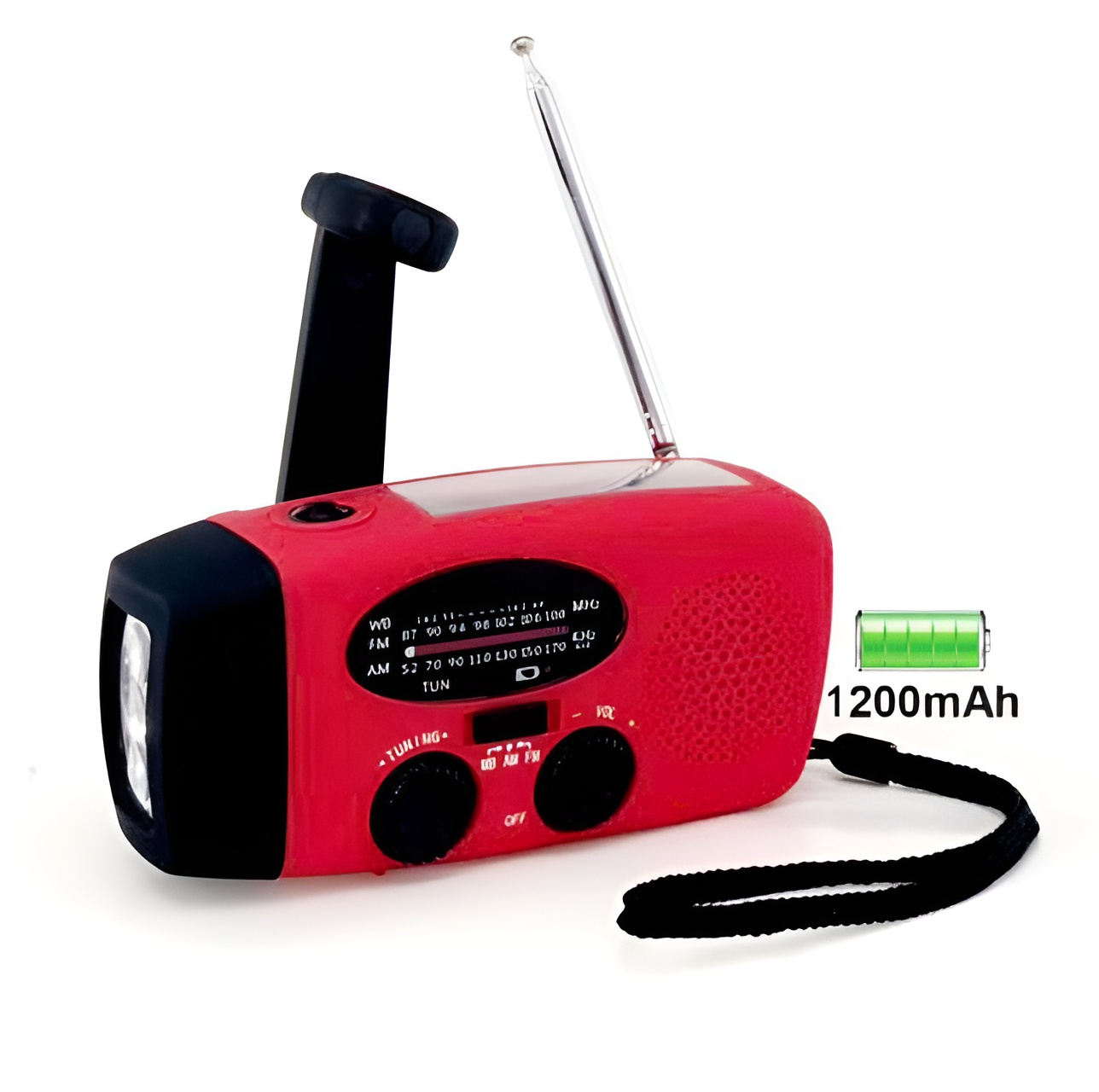 Ein rotes Handkurbelradio mit schwarzem Griff und Taschenlampe. Ein grünes Batteriesymbol zeigt 1200 mAh. Das Radio hat einen Abstimmregler.