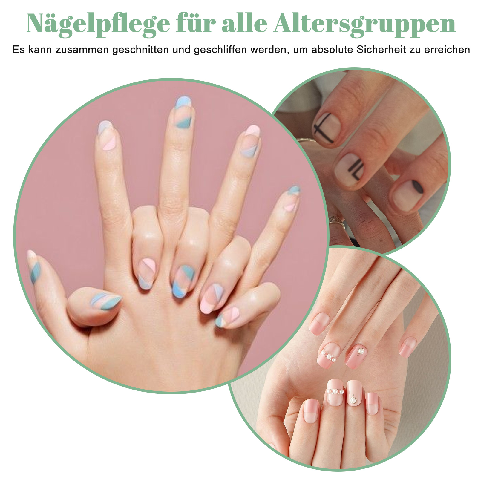Das Bild zeigt Hände mit verschiedenen Nageldesign-Designs. Rosa, Blau und Nude-Farben dominieren die Designs. Der Hintergrund ist rosa.