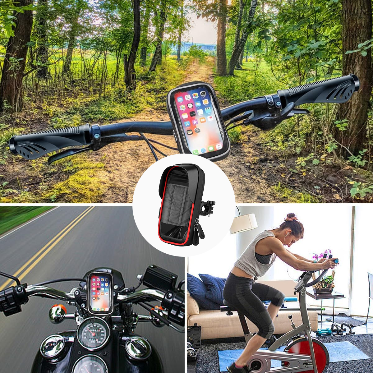 Ein Telefon in einer Halterung am Fahrradlenker. Ein Motorrad mit Telefonhalterung. Eine Frau auf einem Heimtrainer.