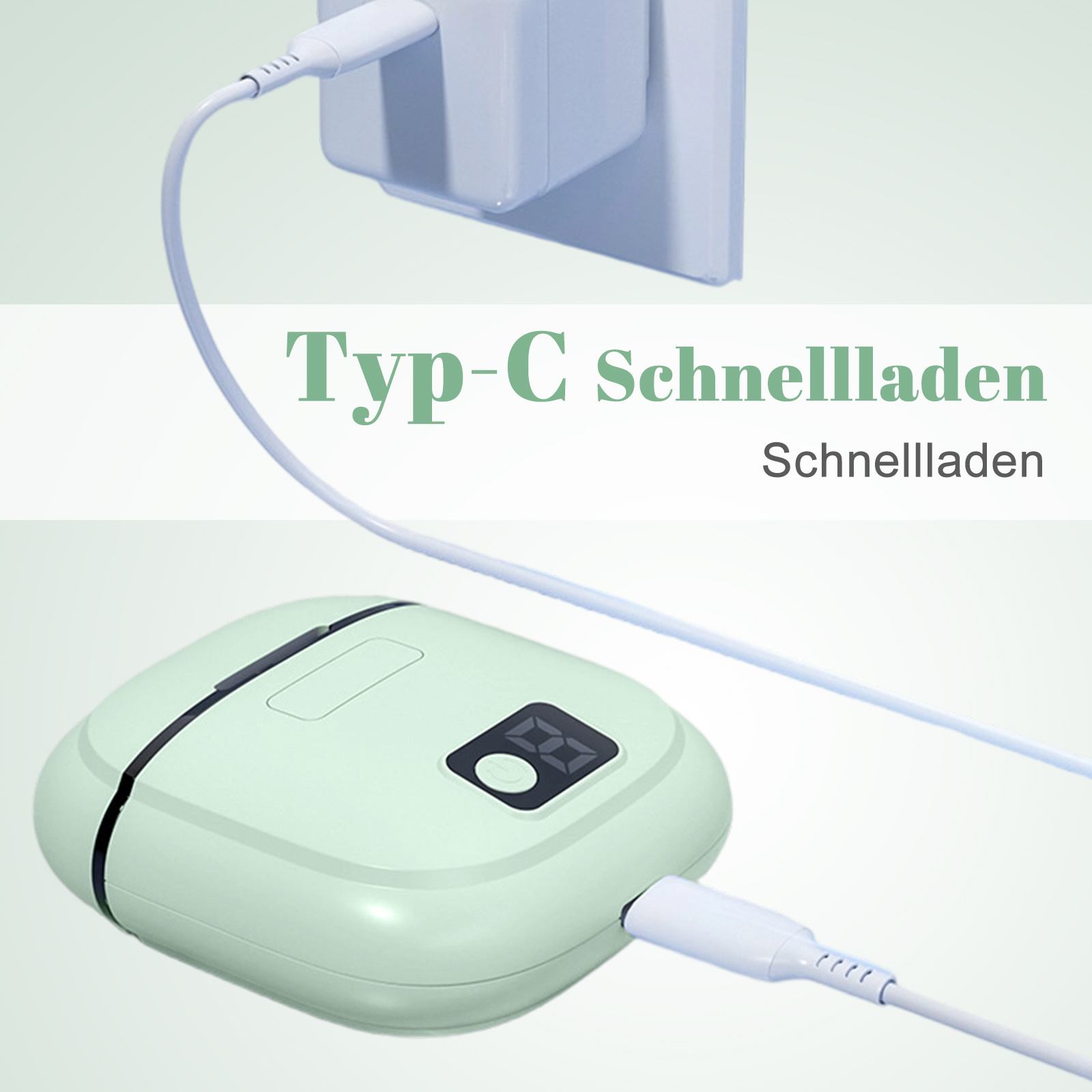 Ein grünes Gerät ist mit einem weißen Ladegerät verbunden. Das Ladegerät ist an eine Steckdose angeschlossen. Text sagt Typ-C Schnellladen.