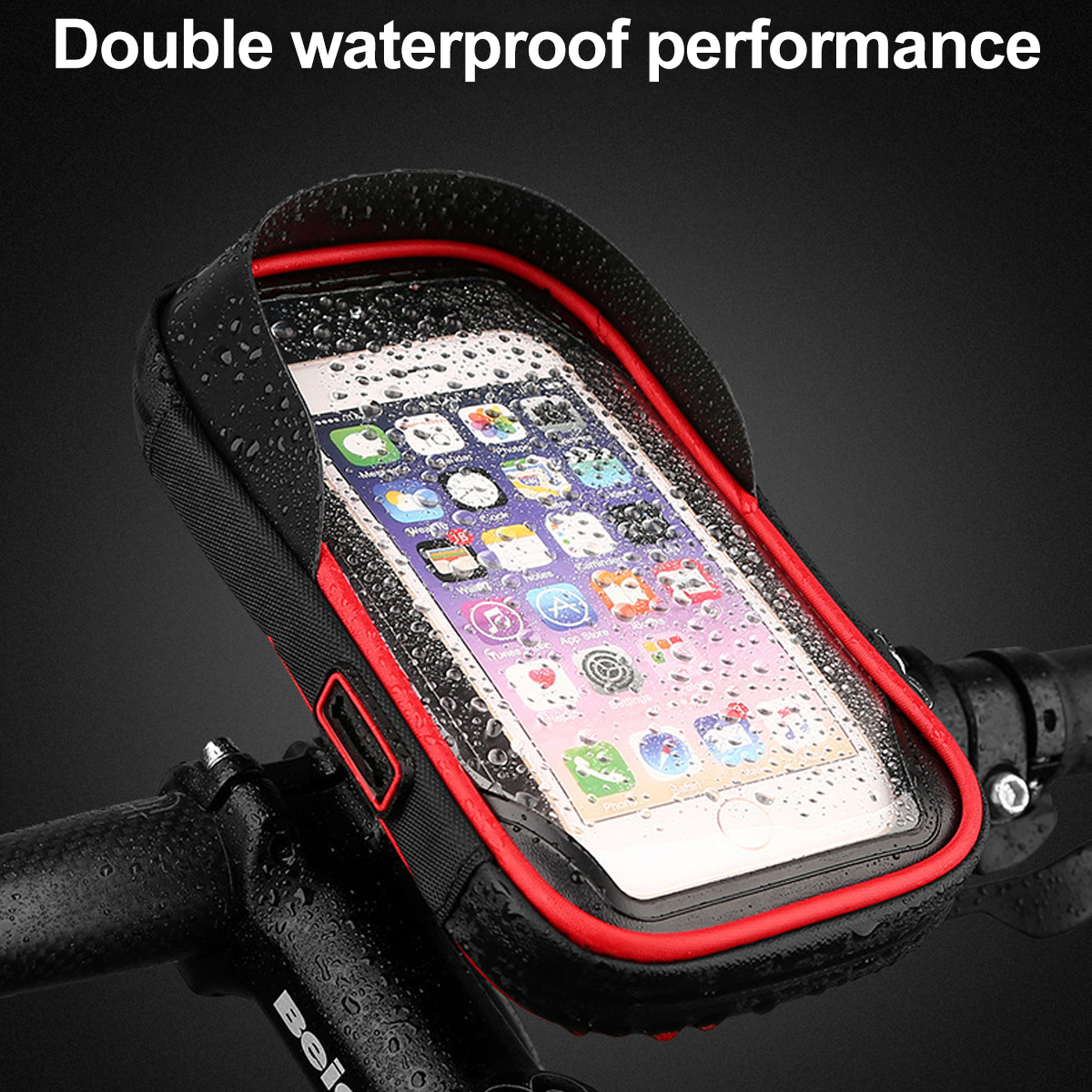 Wasserdichte Handyhülle am Fahrradlenker. Das Telefondisplay hat App-Symbole, die Hülle ist schwarz mit rotem Rand.