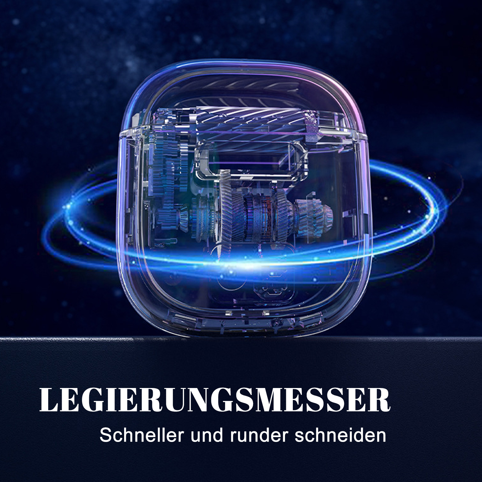 Ein transparentes Gerät mit inneren Zahnrädern wird gezeigt. Der Text unten lautet 'LEGIEURUNGSMESSER'. Leuchtende blaue Lichter umgeben das Gerät.