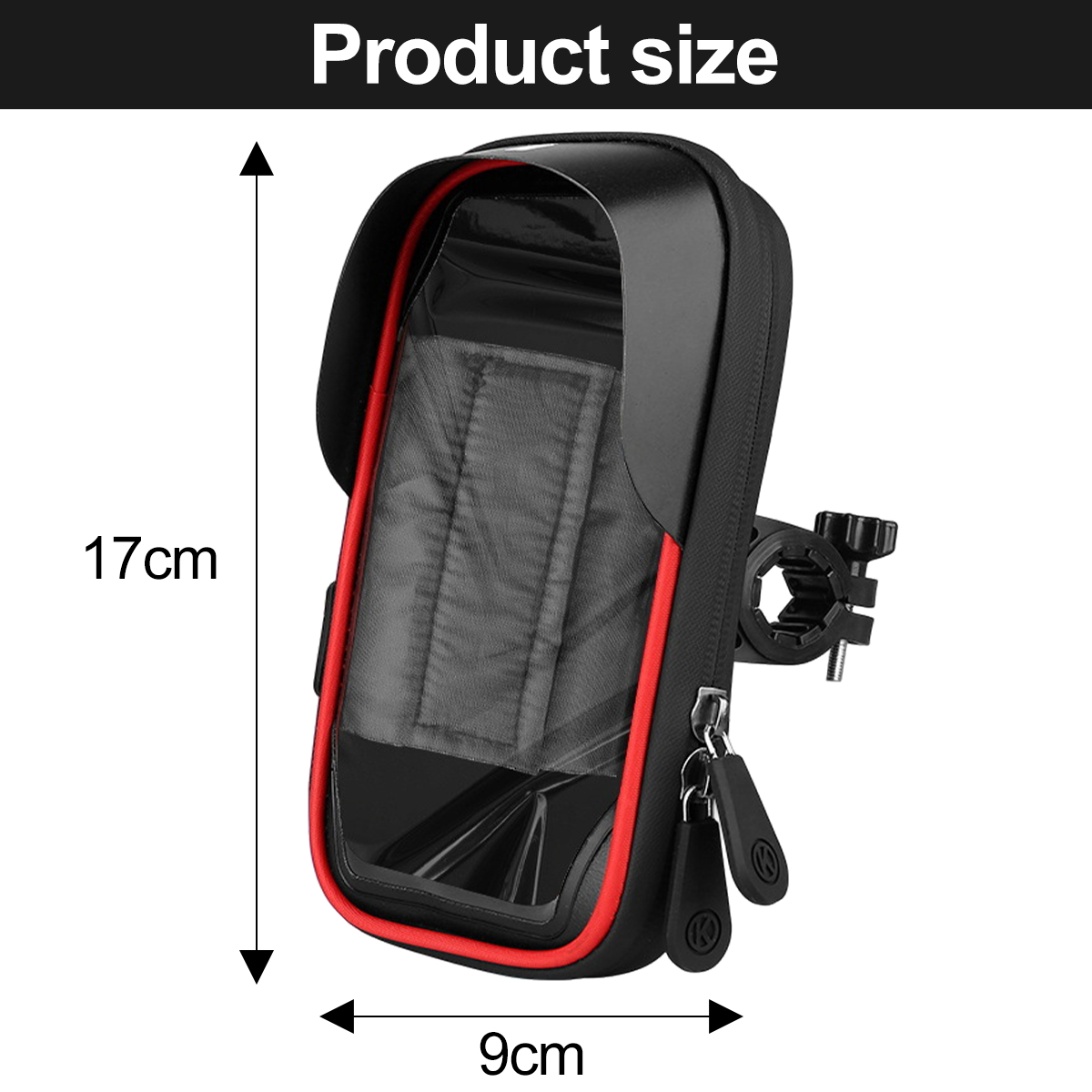 Schwarze Telefonhalterung mit roter Umrandung und einem transparenten Bildschirm. Misst 17 cm hoch und 9 cm breit.