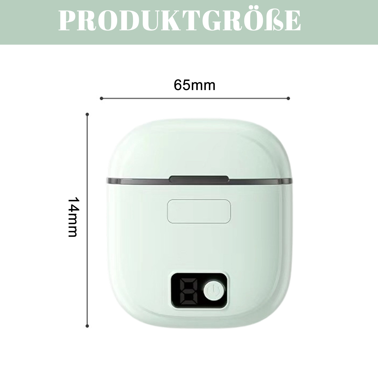 Ein mintfarbenes Gerät mit Größenangaben. Oben steht 'Produktgroße'. Unten befindet sich eine Digitalanzeige mit 80 und ein Power-Knopf.