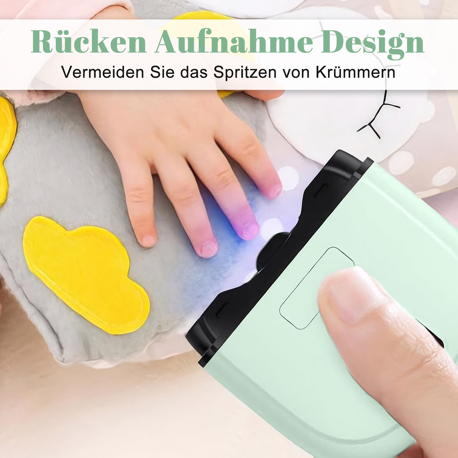 Die Hand eines Kindes wird in der Nähe eines grünen Geräts gehalten. Im Hintergrund ist ein Plüschtier. Das Gerät scheint Nagellack auszuhärten.