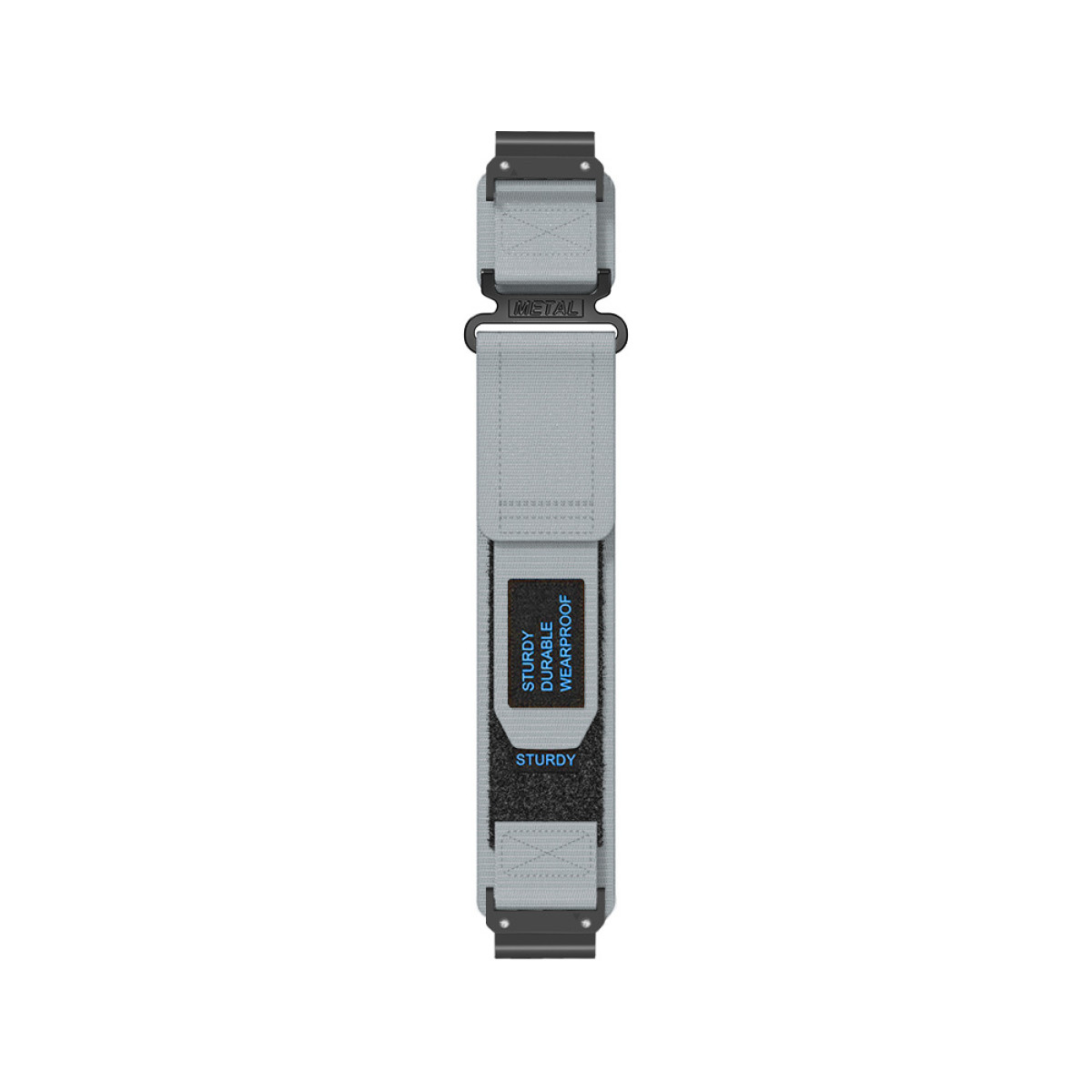 Ein graues Uhrenarmband mit schwarzen Metallverschlüssen. Es hat ein schwarzes Etikett mit weißem Text: 'STURDY DURABLE WEARPROOF'.
