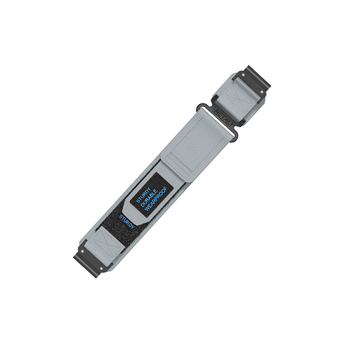 Ein graues Uhrenarmband mit schwarzen Metallschnallen. Es hat einen Klettverschlussbereich mit den Wörtern "Sturdy, Durable, Wearproof" in Blau.
