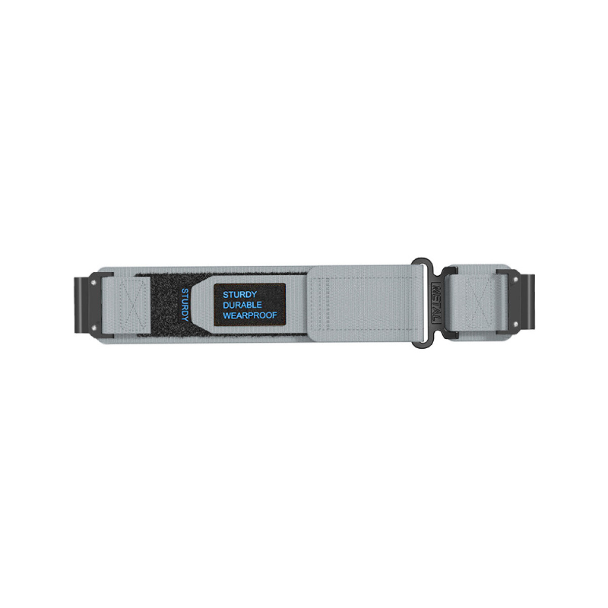 Ein graues Uhrenarmband mit schwarzen Metallschnallen. Es hat Text mit der Aufschrift "STURDY DURABLE WEARPROOF."