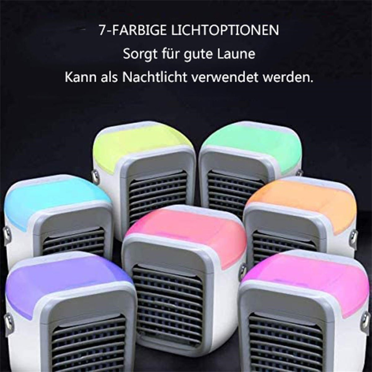 Sieben farbige Mini-Luftkühler mit leuchtenden Oberseiten. Text auf Deutsch über Lichtoptionen und Verwendung als Nachtlicht.