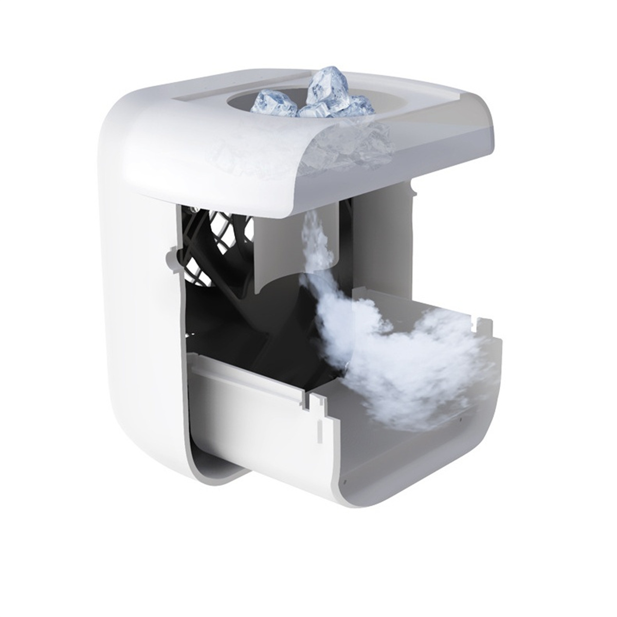 Ein weißer Luftkühler mit Eiswürfeln oben und Nebel, der austritt. Der Ventilator ist schwarz. Das Design ist 3D und als Schnitt dargestellt.