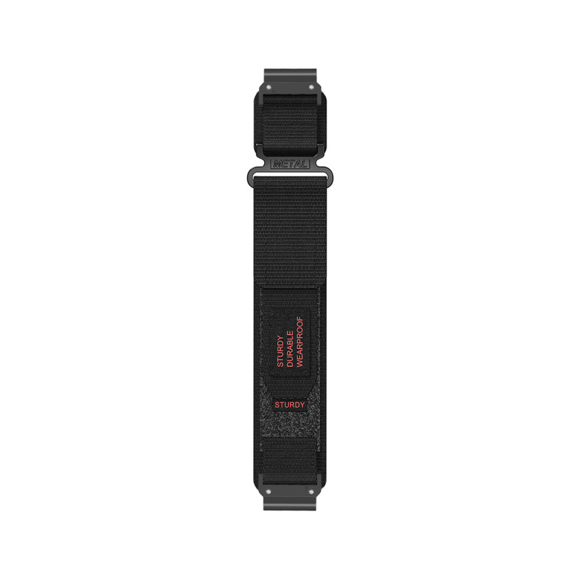 Schwarzes Uhrenarmband auf weißem Hintergrund. Es hat Metallschnallen, und der Text 'STURDY DURABLE WEARPROOF' ist sichtbar.