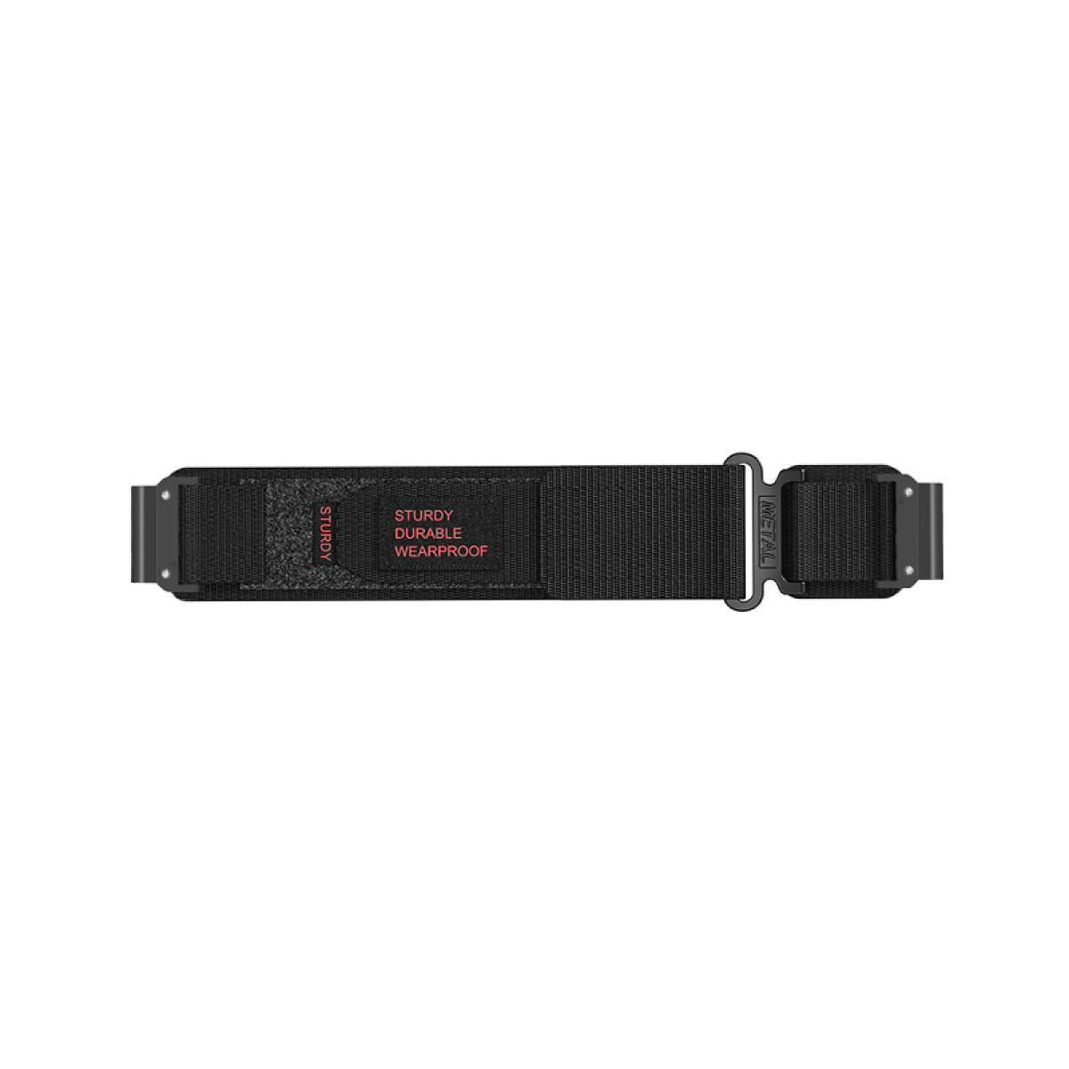Ein schwarzes Uhrenarmband mit Metallschnallen. Es hat die roten Worte 'STURDY DURABLE WEARPROOF'. Die Schnalle ist mit 'METAL' beschriftet.