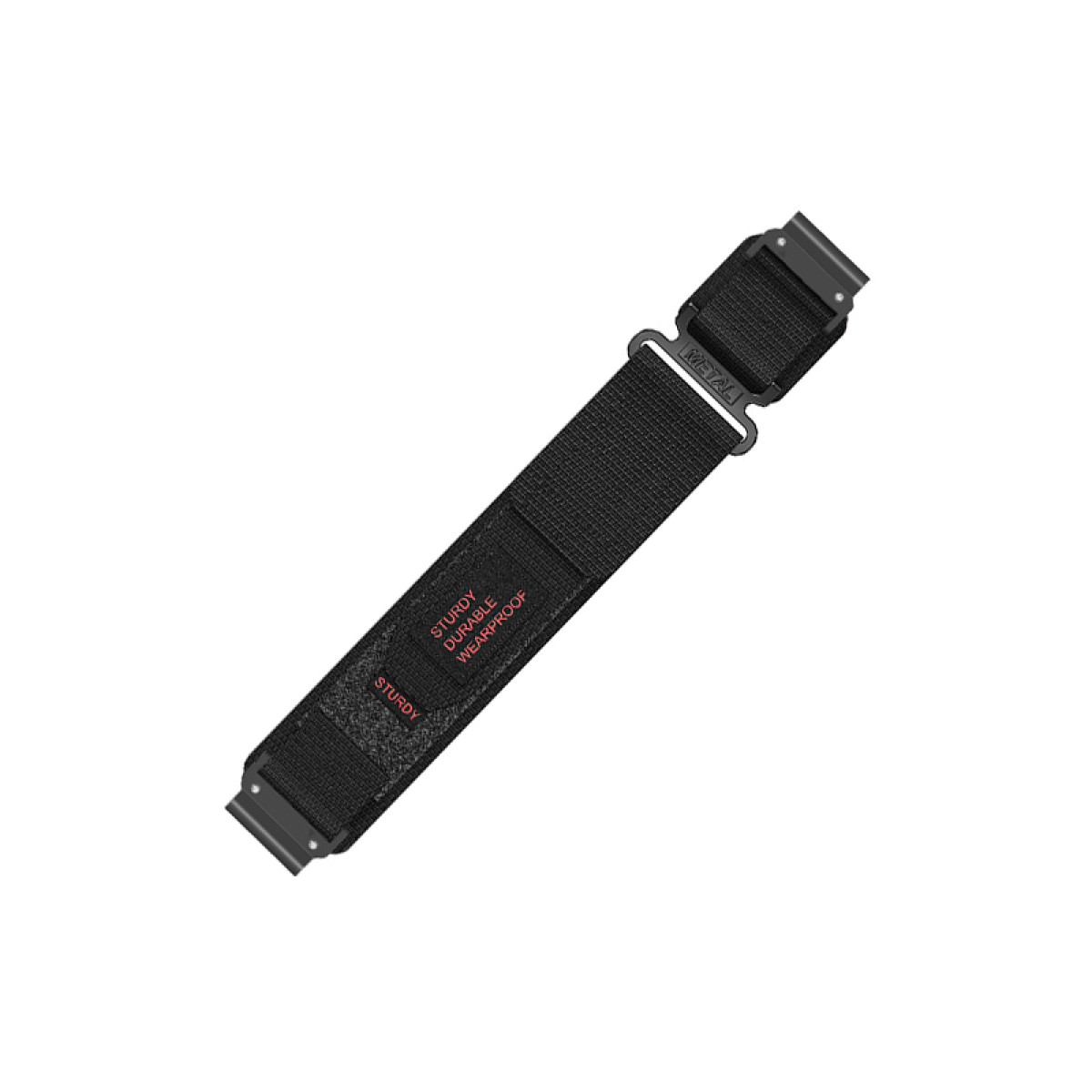 Schwarzes Uhrenarmband auf weißem Hintergrund. Text lautet 'sturdy, durable, wearproof'. Metallverschluss und Band.