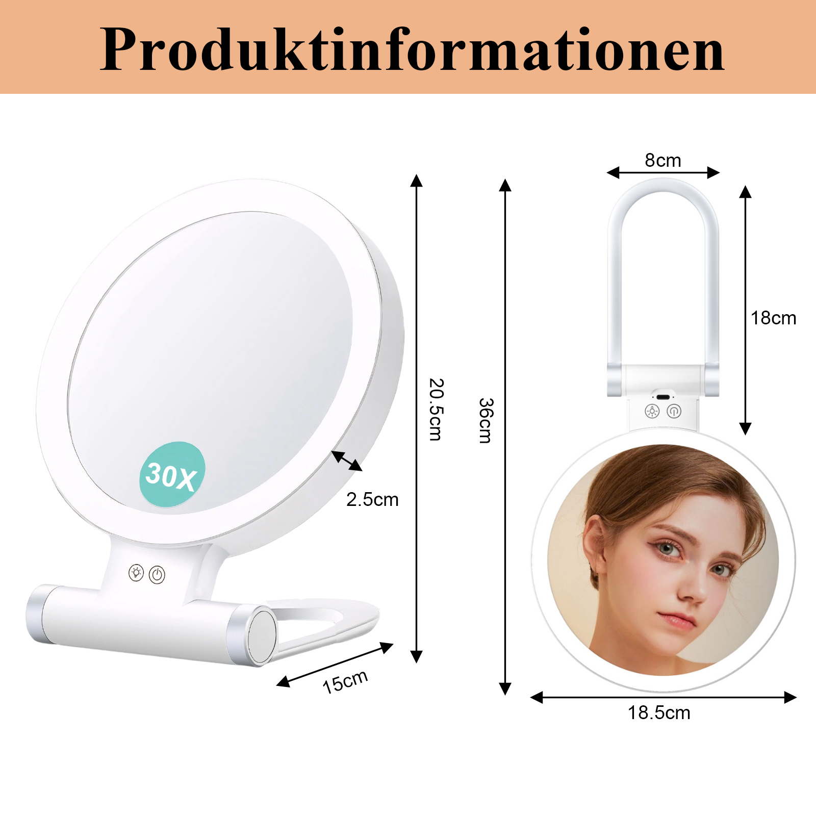 Ein weißer Schminkspiegel mit vergrößerter Ansicht. Er hat einen runden Spiegel und Messungen werden angezeigt. Das Gesicht einer Frau wird reflektiert.