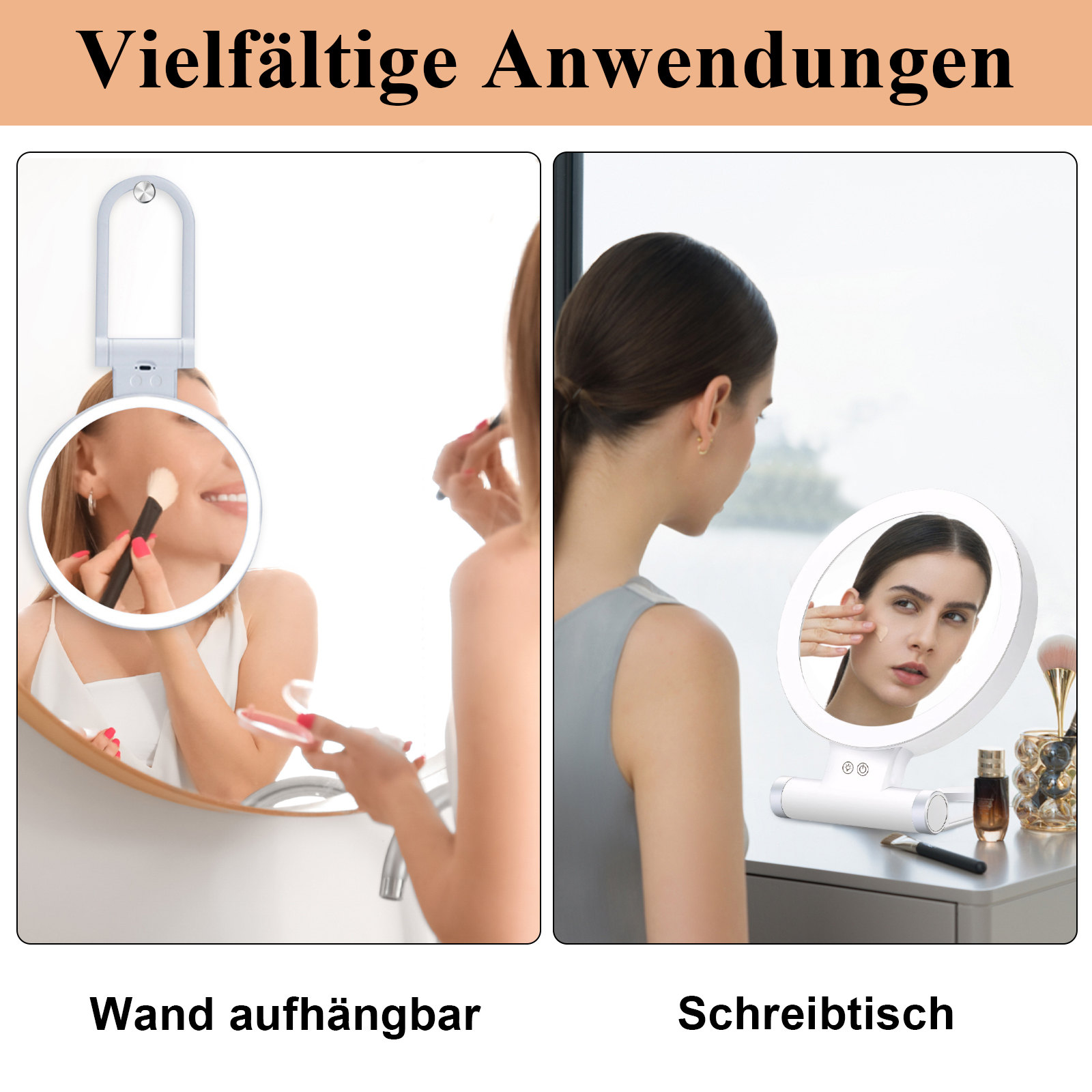 Zwei Frauen benutzen beleuchtete Spiegel. Eine trägt am Waschbecken Make-up auf, die andere am Schreibtisch. Einer ist wandmontiert, der andere steht auf dem Tisch.
