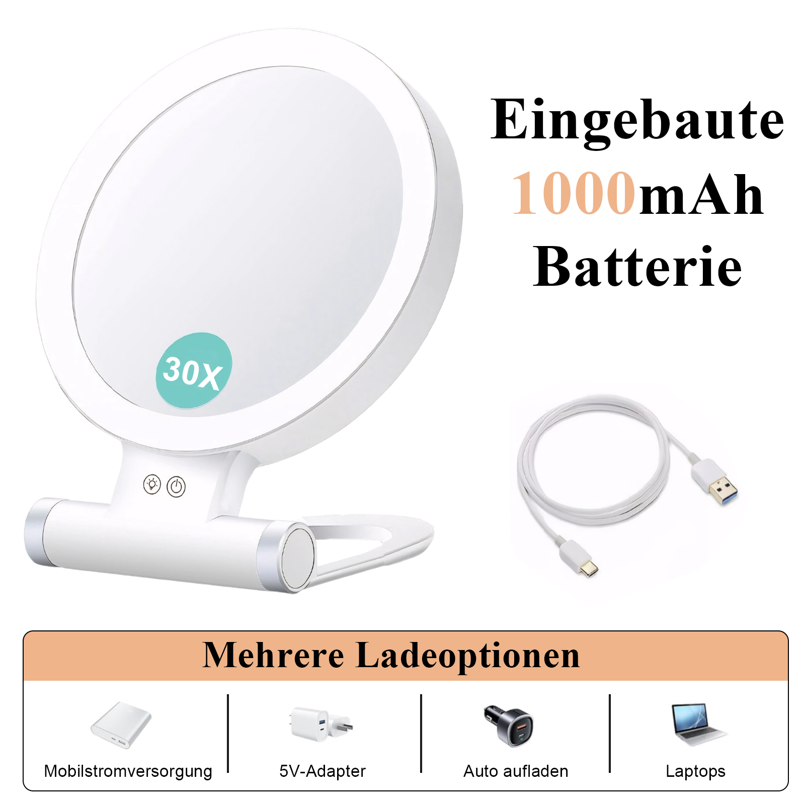Ein weißer, ovaler Schminkspiegel mit Licht und einem Ladekabel. Texte über Batterie und Lademöglichkeiten sind vorhanden.