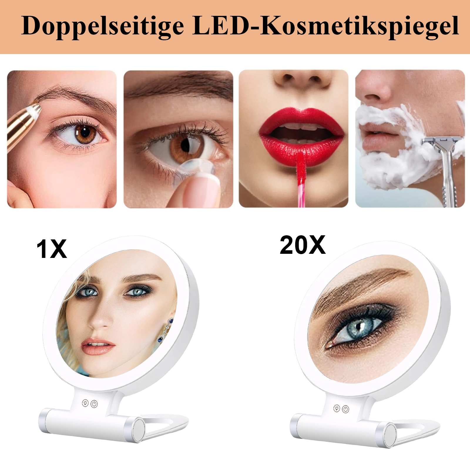 Werbung für einen LED-Kosmetikspiegel mit Nahaufnahmen von Gesichtsmerkmalen und zwei Spiegeln, die Gesichter zeigen.