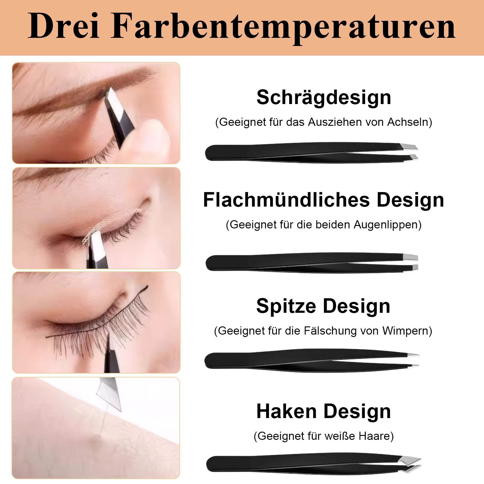 Das Bild zeigt vier Arten von Pinzetten zum Entfernen von Haaren. Jeder Typ wird neben einem Bild seiner Verwendung angezeigt.