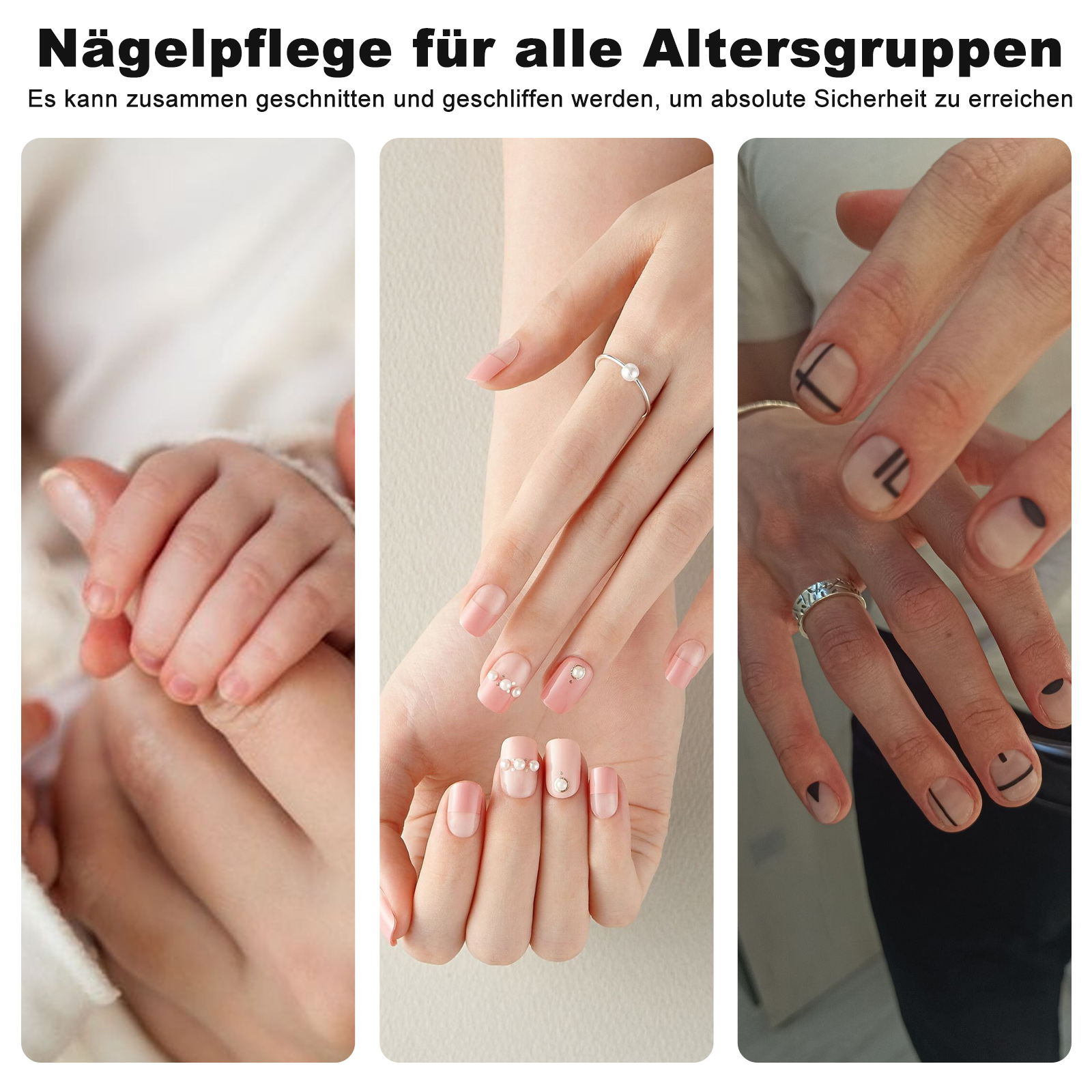 Das Bild zeigt Hände mit manikürten Nägeln in drei Abschnitten. Die Nägel haben unterschiedliche Designs und Verzierungen.