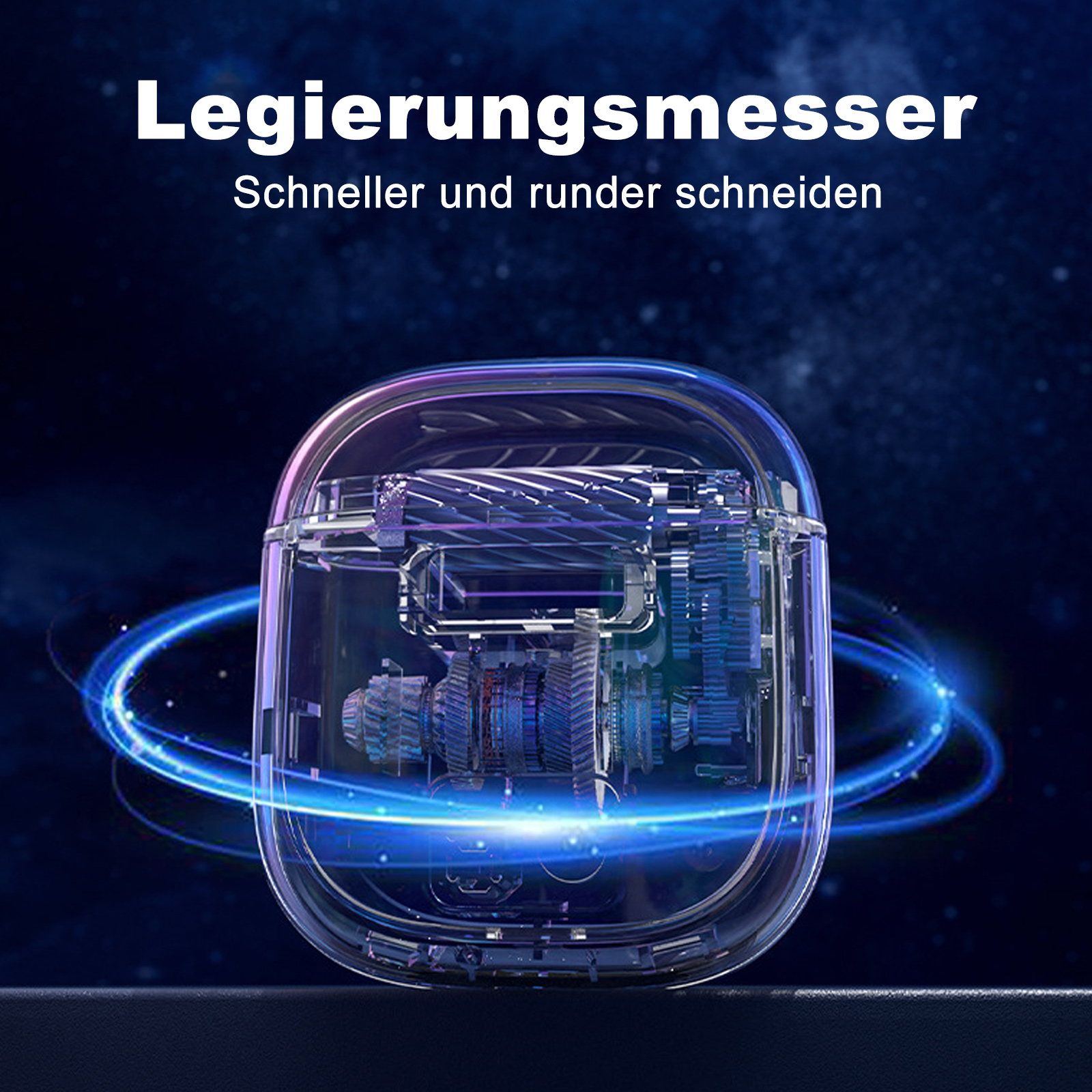Ein transparentes Gerät mit Zahnrädern im Inneren. Der Text oben lautet 'Legierungsmesser'. Blaue Lichtspuren. Dunkelblauer Hintergrund.