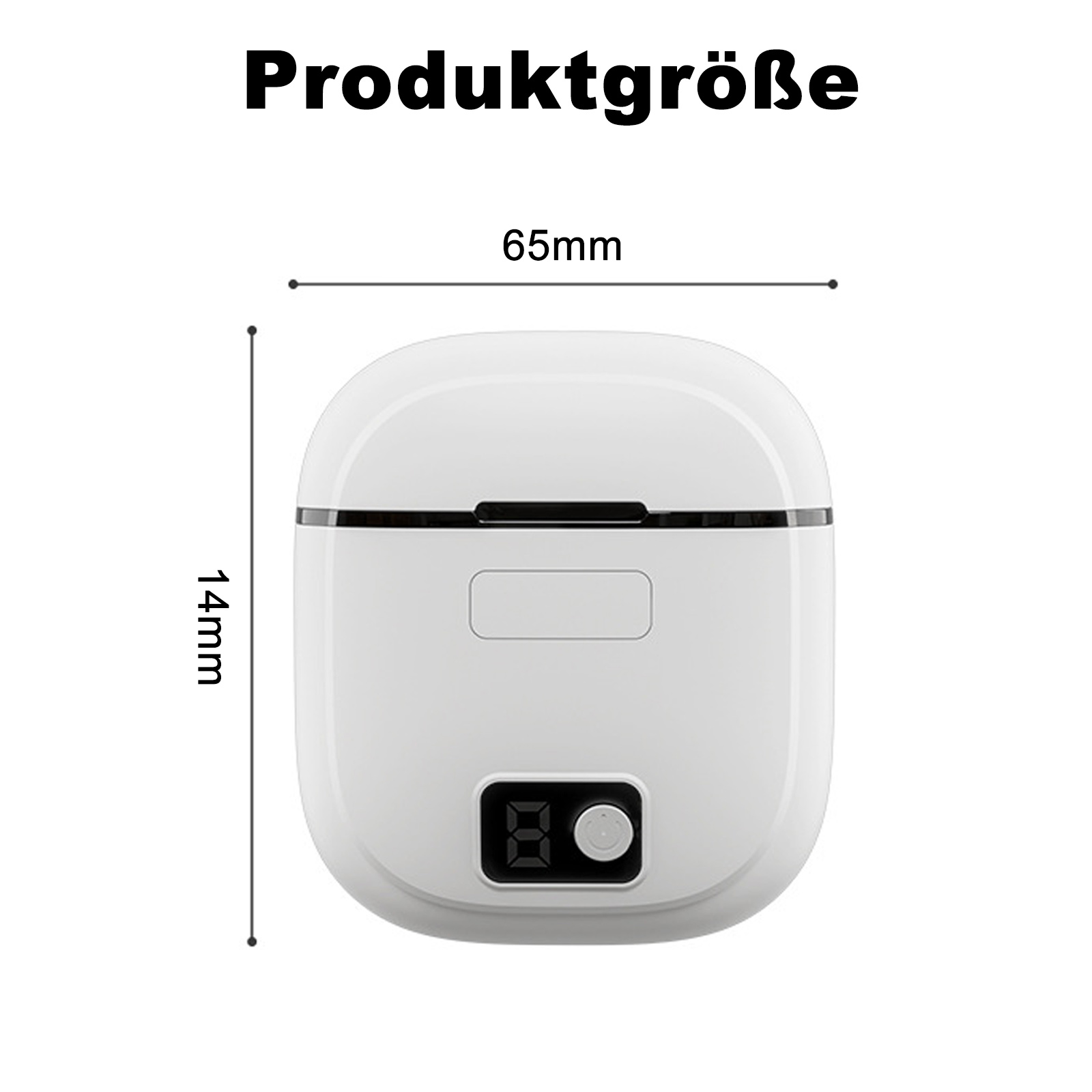 Weißes, abgerundetes Gerät mit schwarzen Akzenten. Es hat ein Display und eine Taste. Text oben lautet 'Produktgrösse'. Abmessungen sind angegeben.