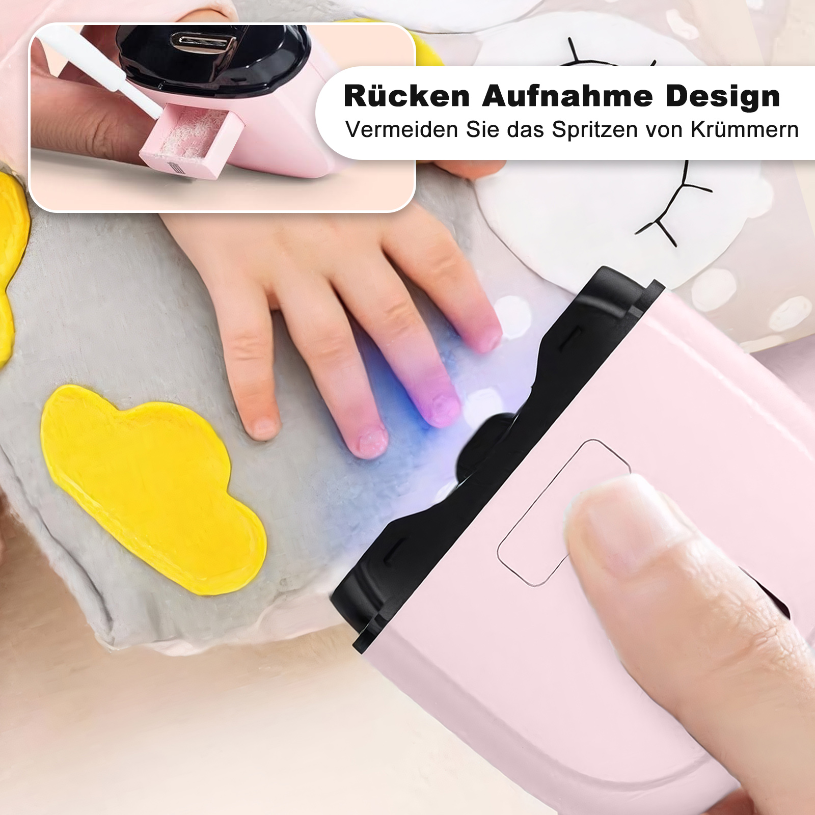 Rosa Nagellackwerkzeug, das Puder auf den Finger eines Kindes aufträgt. Eine Hand drückt auf die Taste. Ein Plüschtier im Hintergrund.