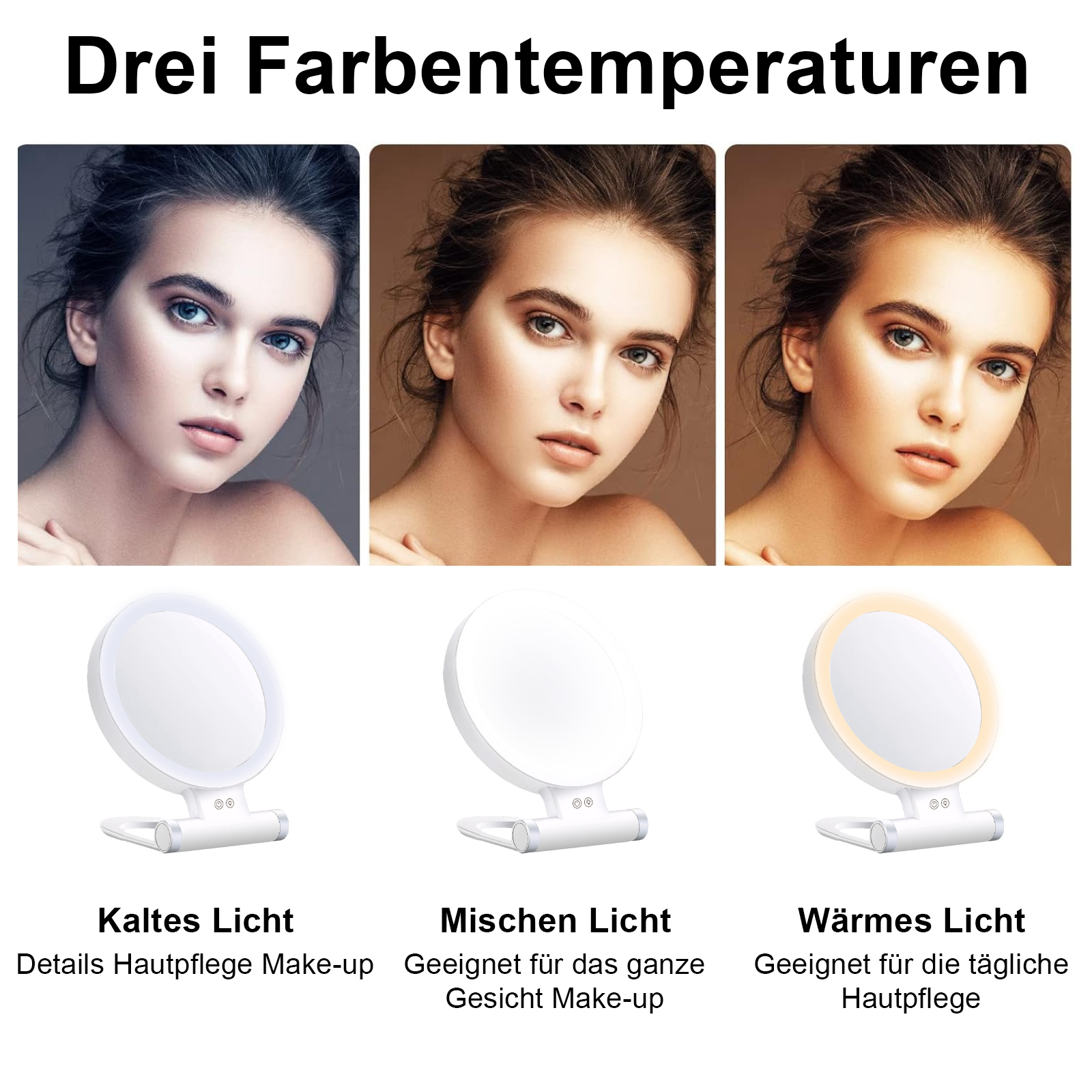 Das Bild zeigt drei Frauen und drei Make-up-Spiegel. Jeder Spiegel hat eine andere Lichteinstellung: kalt, gemischt und warm.