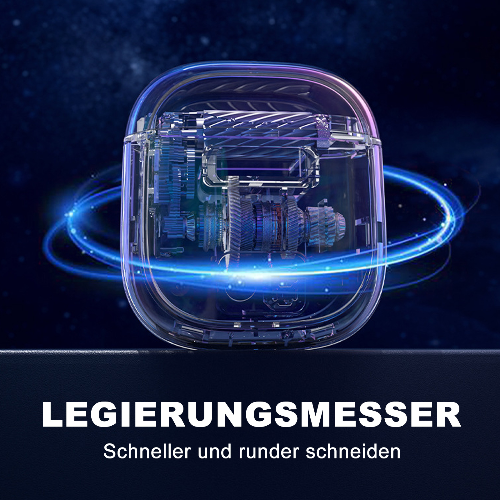 Ein transparenter Anspitzer mit Zahnrädern wird von blauen Lichtspuren beleuchtet, vor einem dunklen, sternenübersäten Hintergrund.