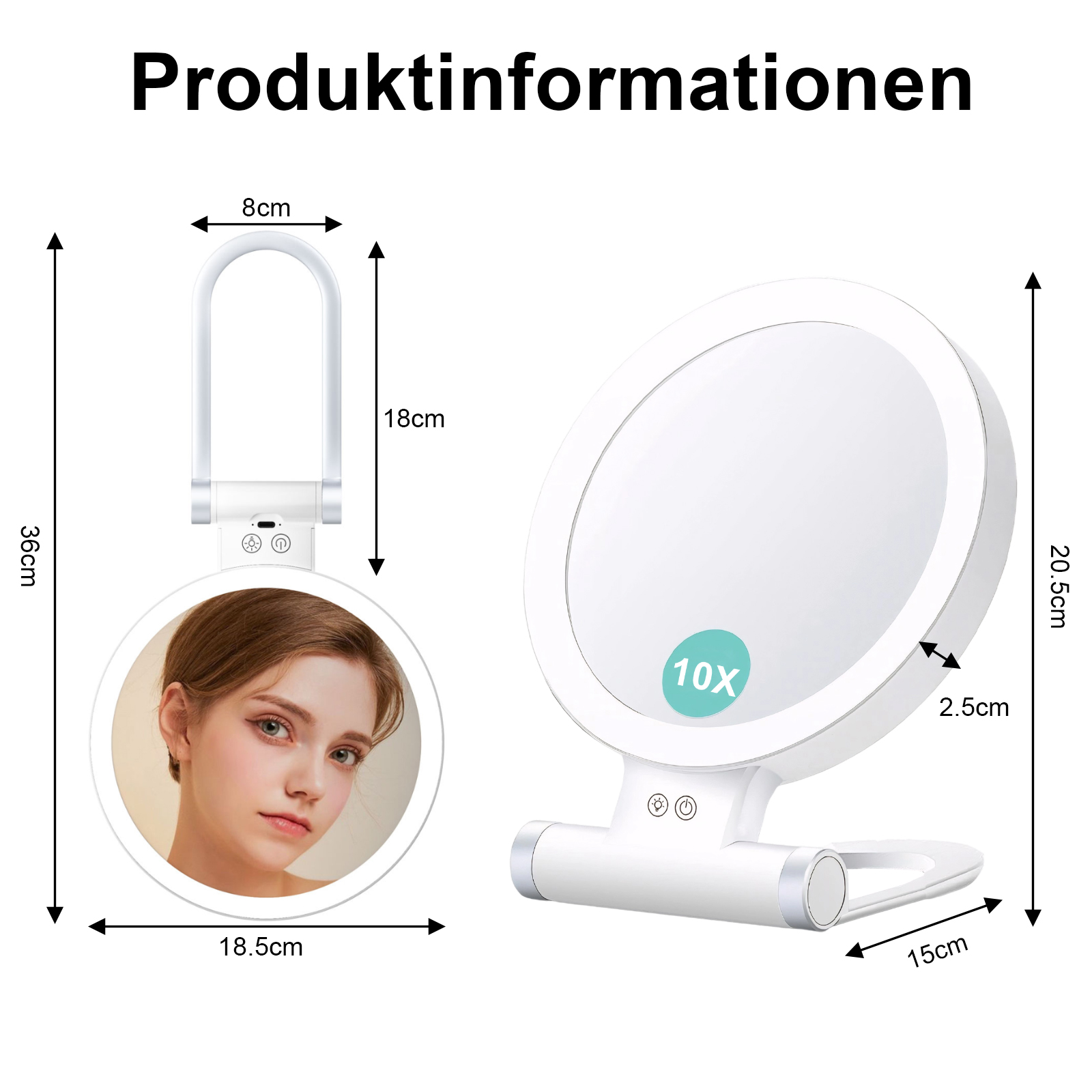 Ein weißer, zusammenklappbarer Schminkspiegel mit Maßen. Er hat einen runden Spiegel mit einem Gesicht und Licht.