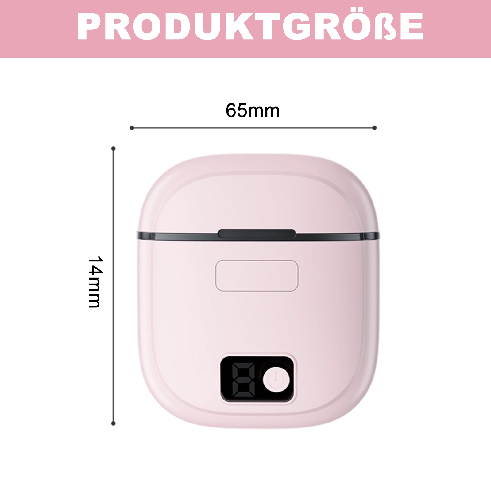 Rosa Kopfhörerhülle mit Abmessungen: 65mm x 14mm. Display mit Zahlen und einem Knopf. Text oben: Produktgröße.