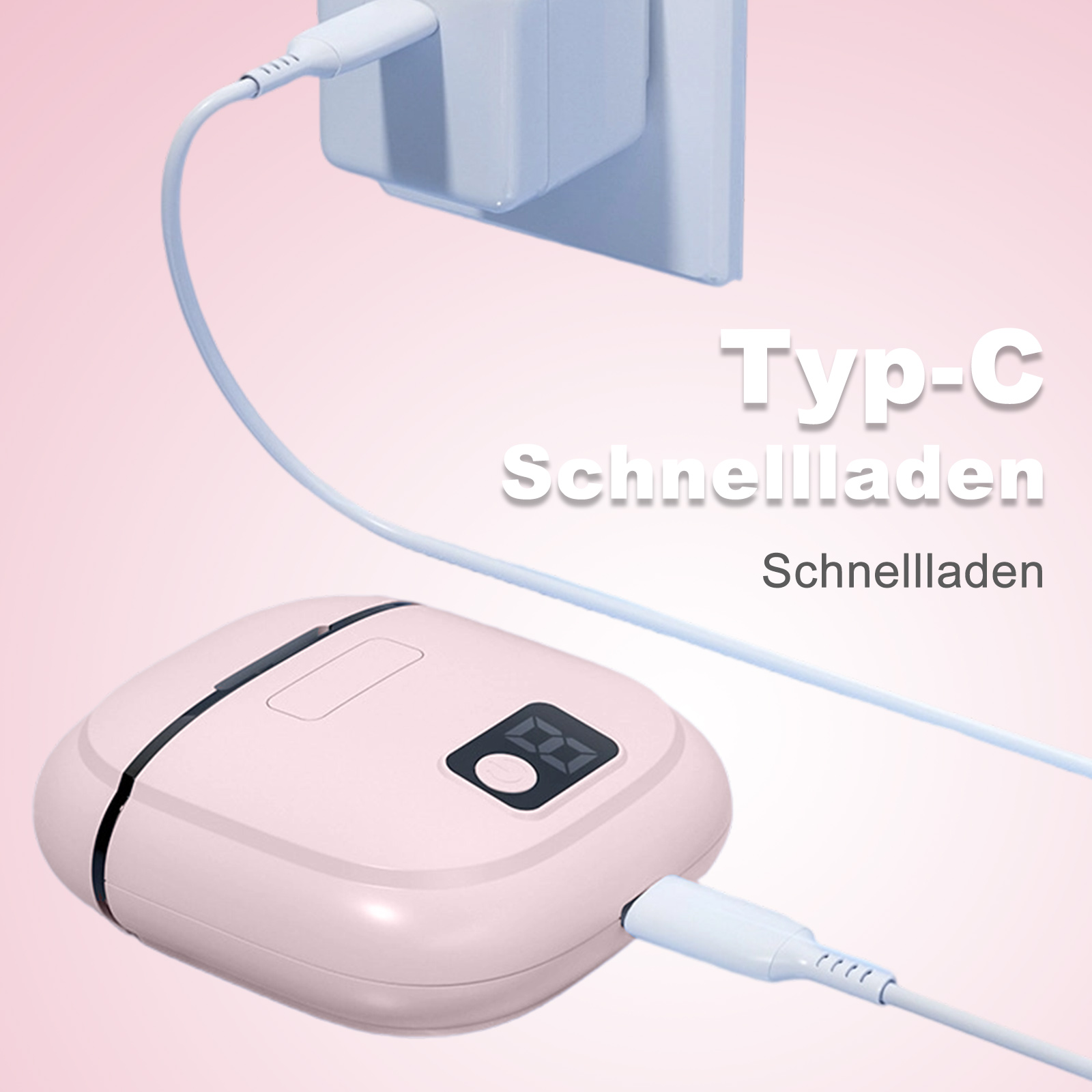 Ein rosa Gerät ist mit einem Ladegerät verbunden. Das Ladegerät ist an eine Steckdose angeschlossen.