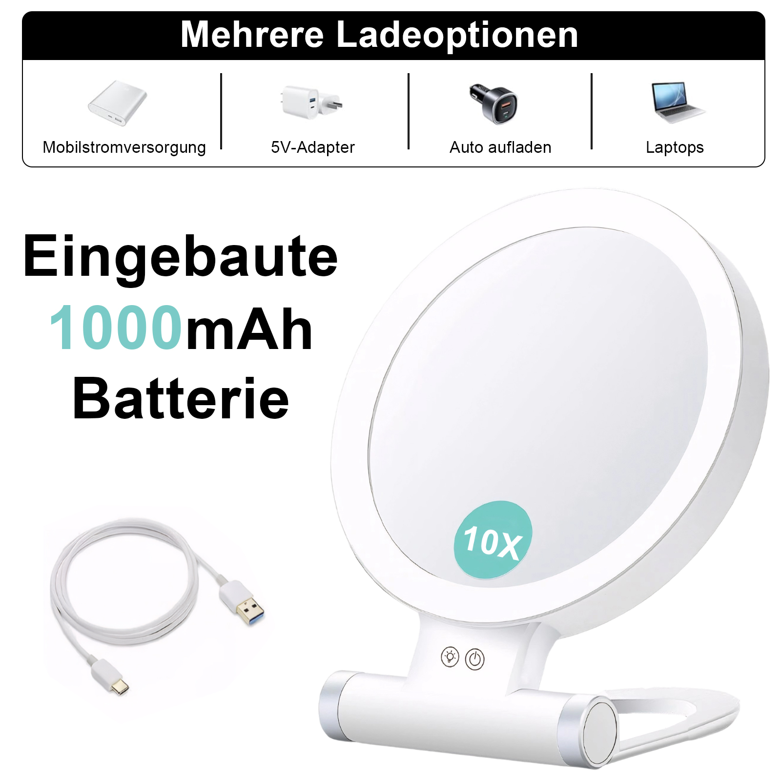 Weißer beleuchteter Schminkspiegel mit mehreren Ladeoptionen und einem 1000-mAh-Akku. Inklusive USB-Kabel.