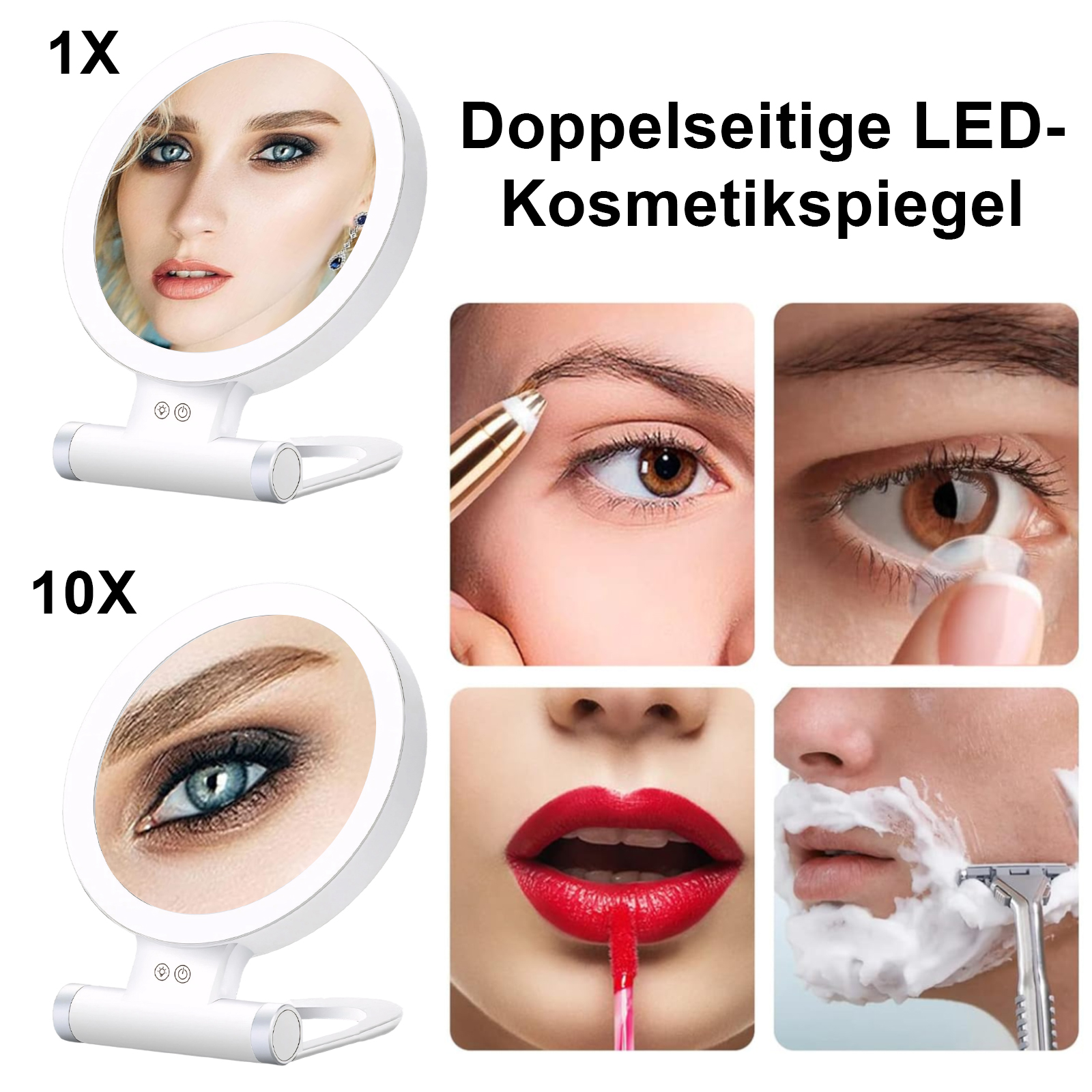 Kosmetikspiegel mit Frauengesicht. Nahaufnahmen von Auge, Rasur und Lippenstiftauftrag werden gezeigt.