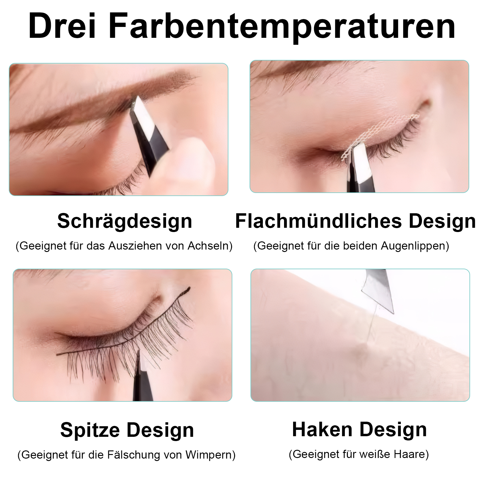 Das Bild zeigt Nahaufnahmen von Augen mit Pinzetten. Verschiedene Designs werden gezeigt: abgewinkelt, flach, spitz und gehakt, jedes mit einem Zweck.