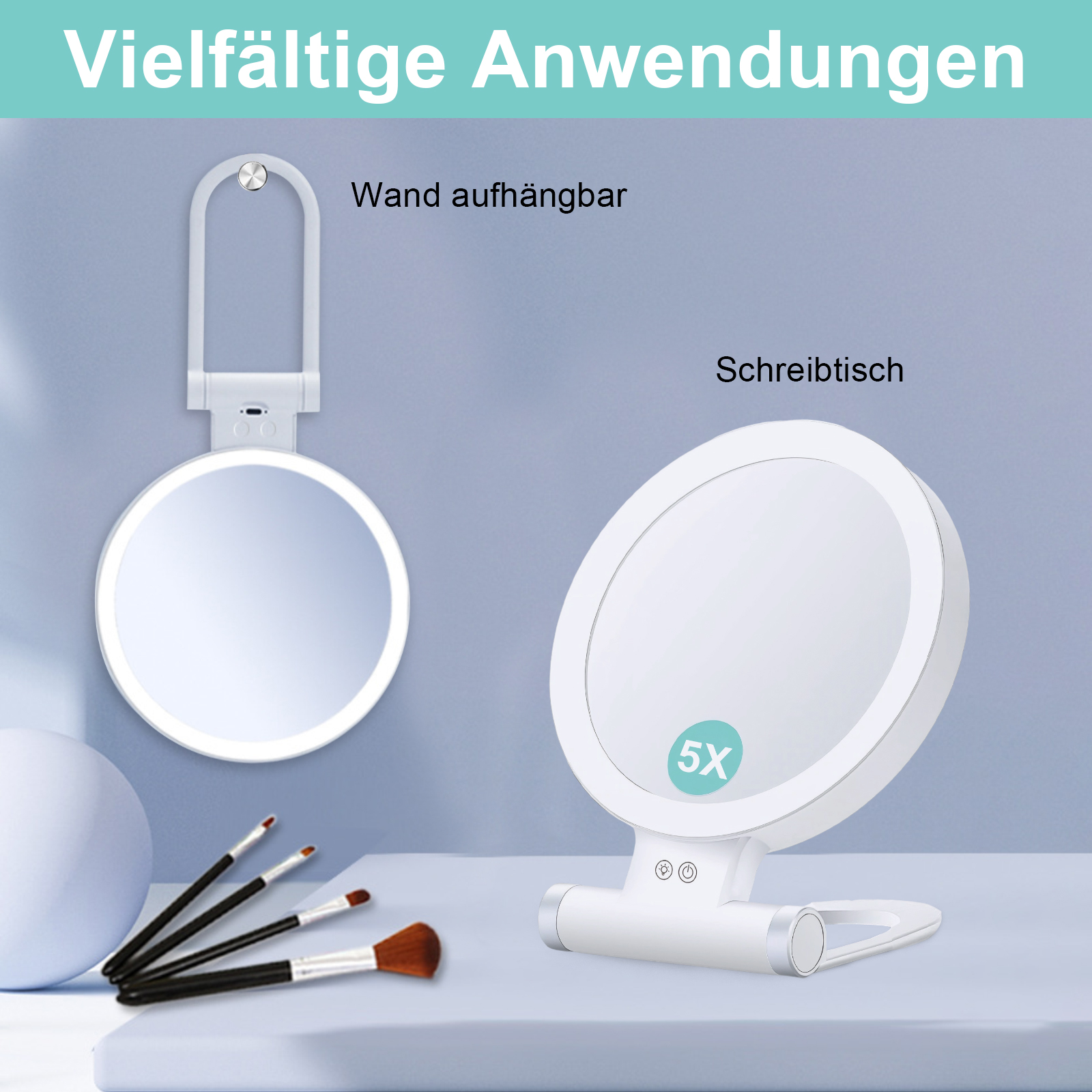 Zwei weiße beleuchtete Spiegel, einer hängend, einer stehend. Make-up-Pinsel im Vordergrund. Text auf Deutsch.