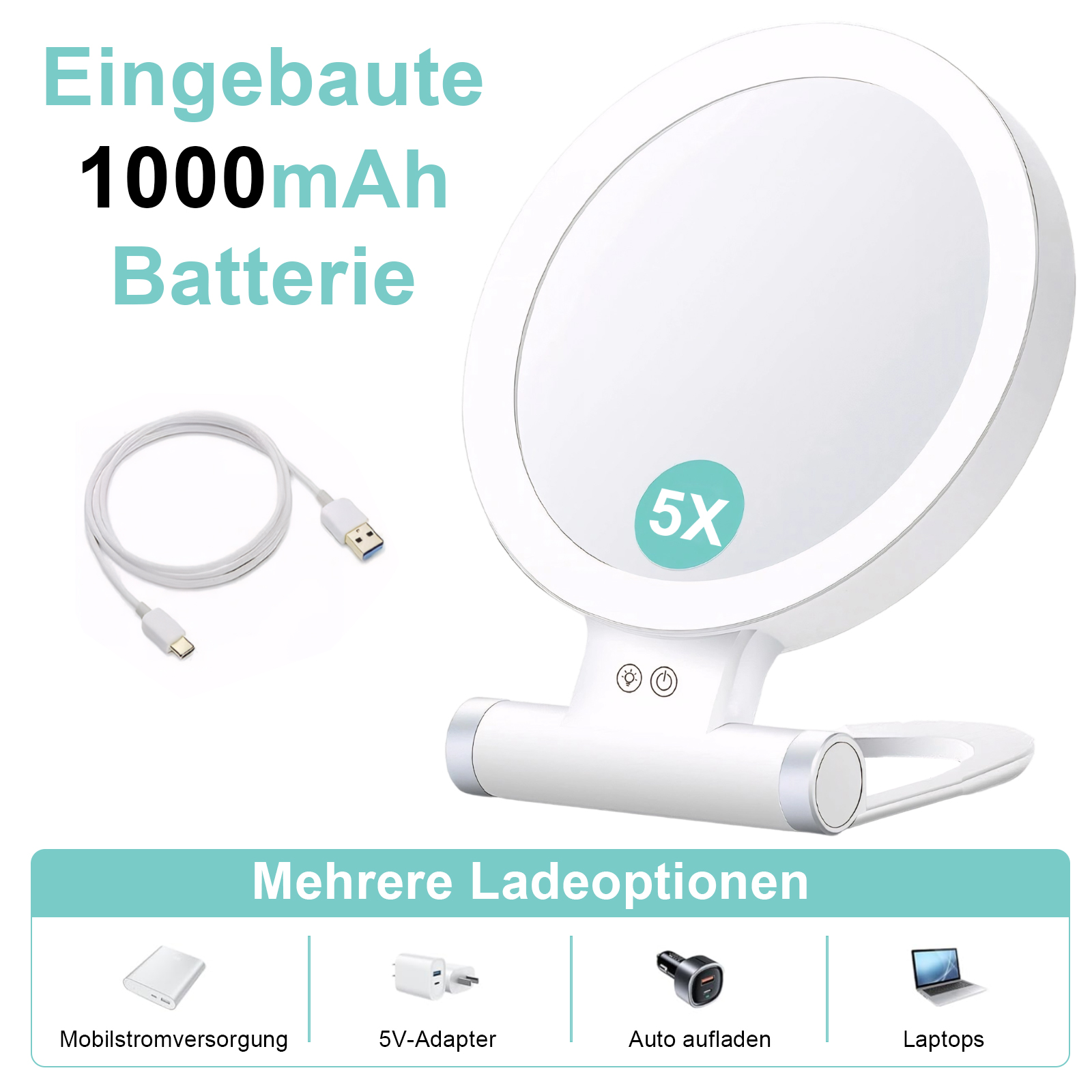Ein weißer, kreisförmiger Schminkspiegel mit Licht, einem Ladekabel und Lademöglichkeiten darunter.