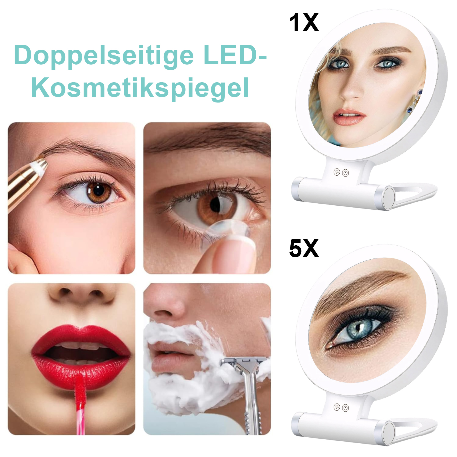 Werbung für einen Kosmetikspiegel mit Nahaufnahmen von Augen und Gesichtern. Zwei Spiegel werden gezeigt, einer 1x, der andere 5x vergrößert.