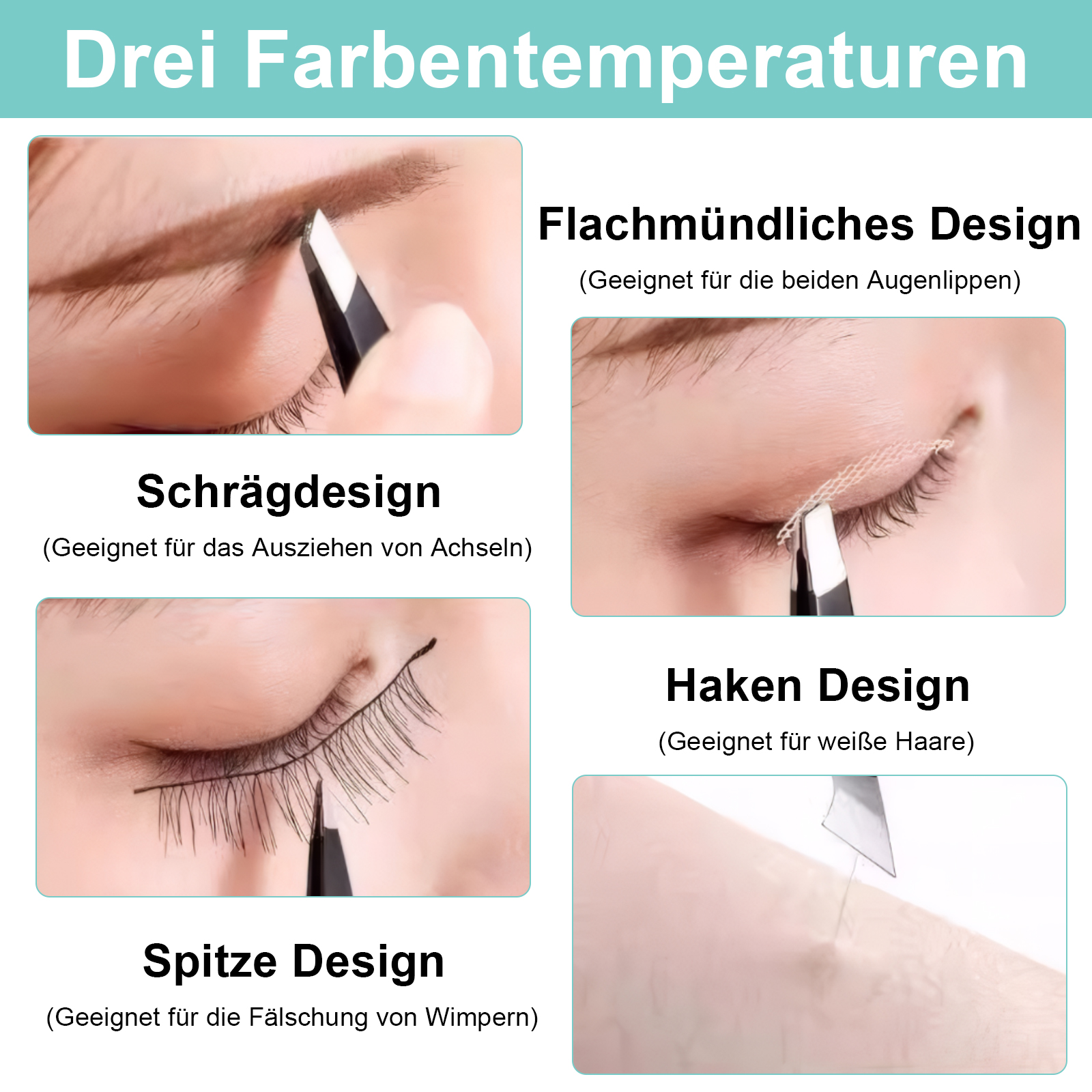 Das Bild zeigt vier Nahaufnahmen von Haarentfernungswerkzeugen: Pinzette, Rasierer und Werkzeuge für Wimpern. Textlabels beschreiben die Verwendung jedes Werkzeugs.