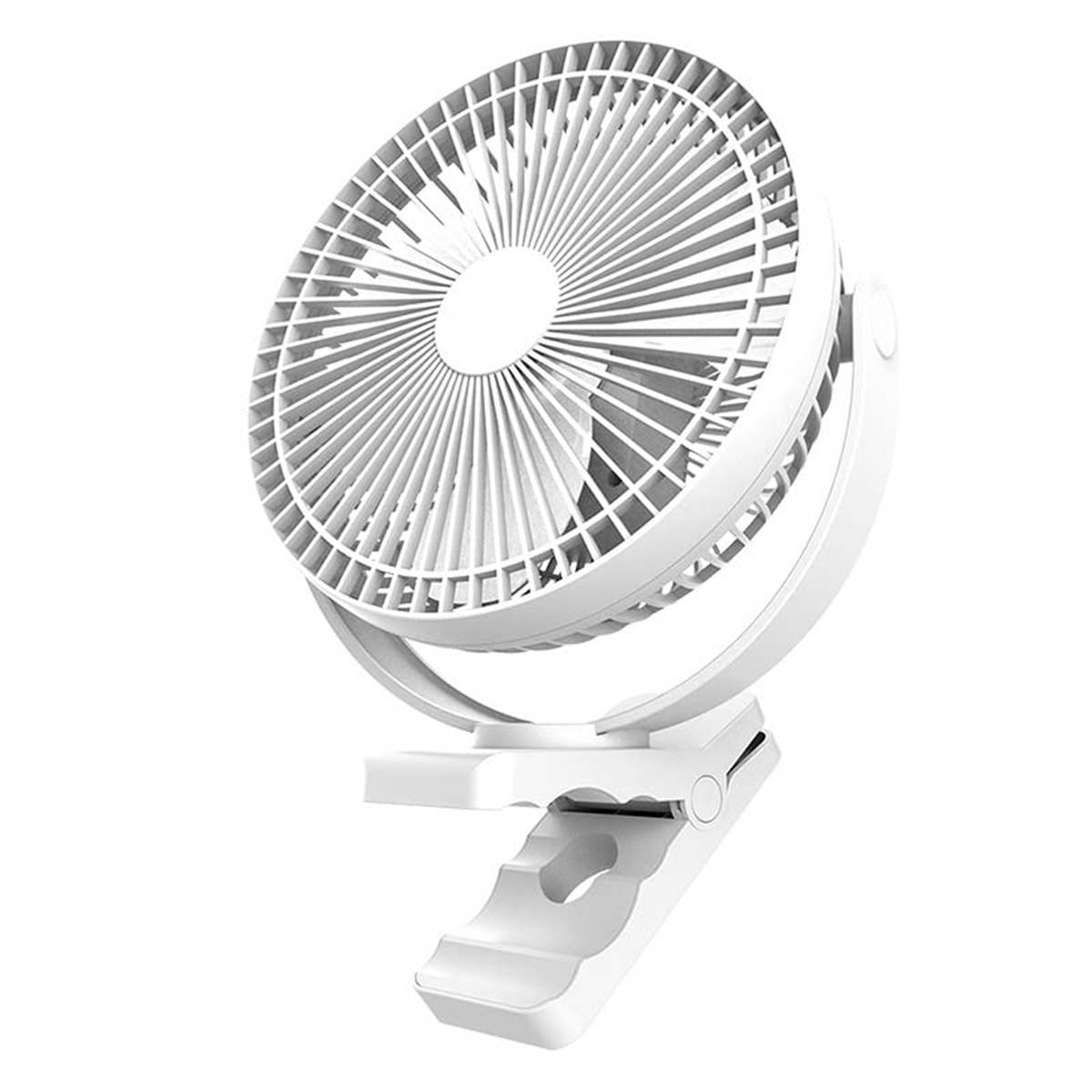 Ein weißer, kleiner elektrischer Ventilator mit Clip. Der Ventilatorkopf ist rund mit Flügeln. Die Clipbasis hat eine breite Öffnung.